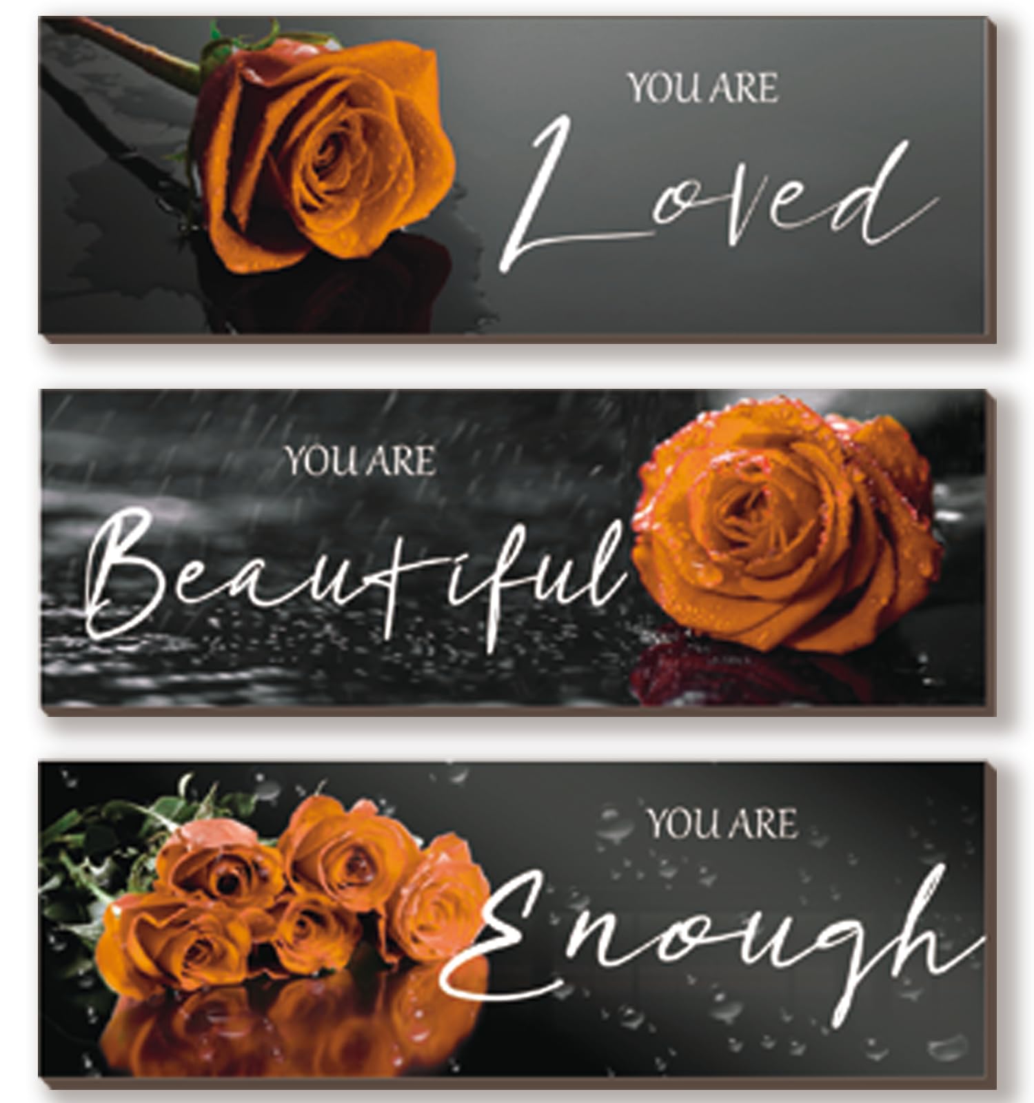 ZINYAZHE 3 Pieces Orange Wall Decor Inspirational Orange Roses Bathroom Decor Wooden Wall Art Positive Quotes You Are Loved You 