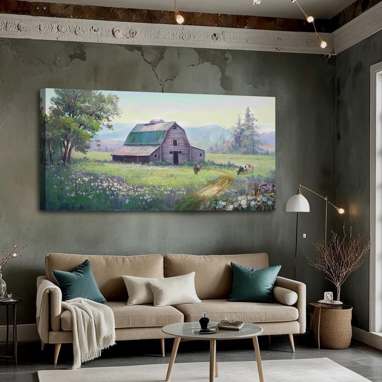 Acocifi Farmhouse Wall Art Barn Picture Cow Farm Landscape Painting Canvas, Nature Wildflower Rustic Scenery Print Artwork Frame