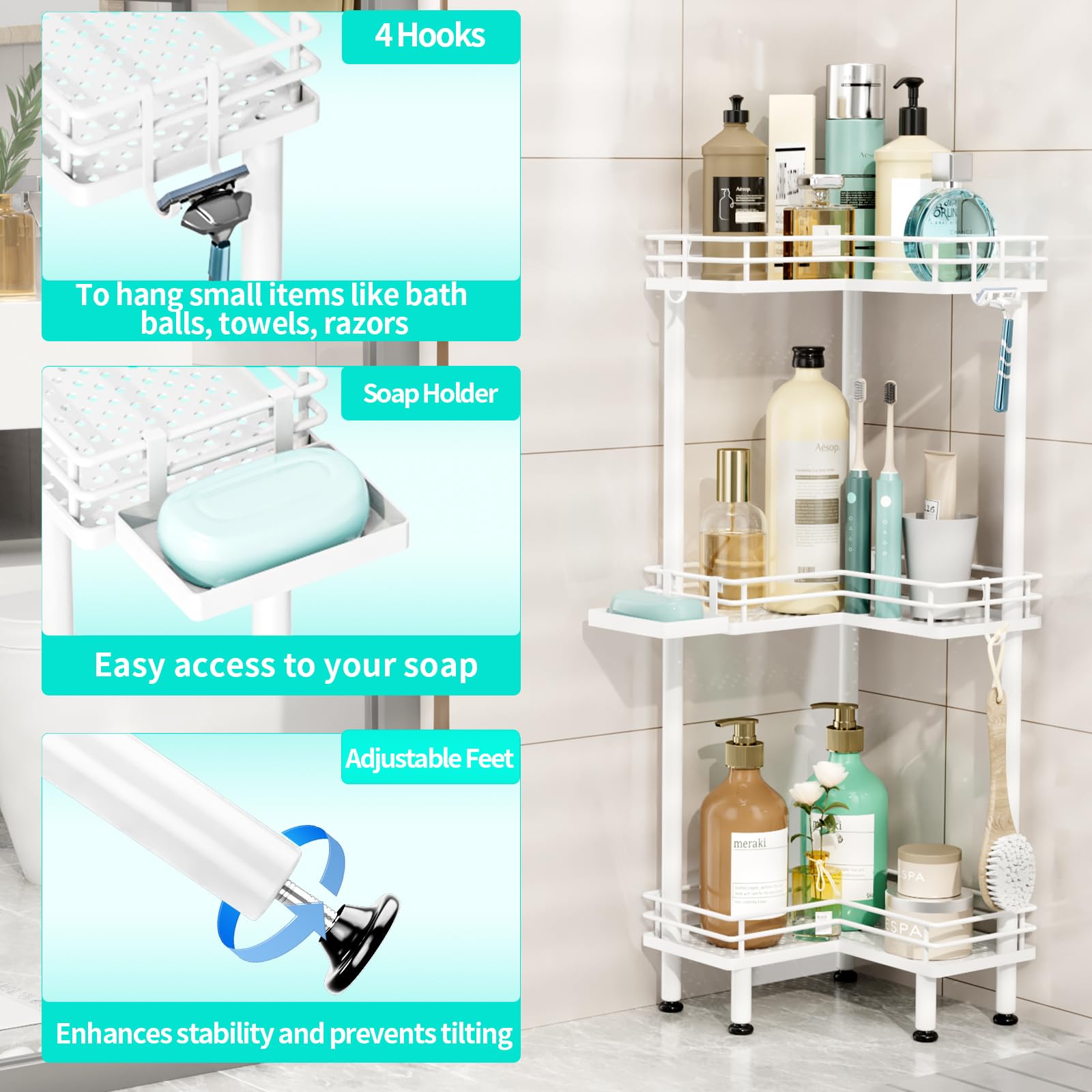 Hapirm Corner Shower Caddy Standing - 3 Tier Shower Organizer Corner With Soap Holder, Rustproof Bathroom Standing Organizer Wit