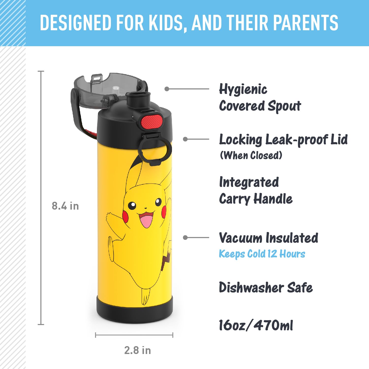 THERMOS FUNTAINER 16 oz Stainless Steel Vacuum Insulated Bottle, Wide Spout Lid, Pokemon