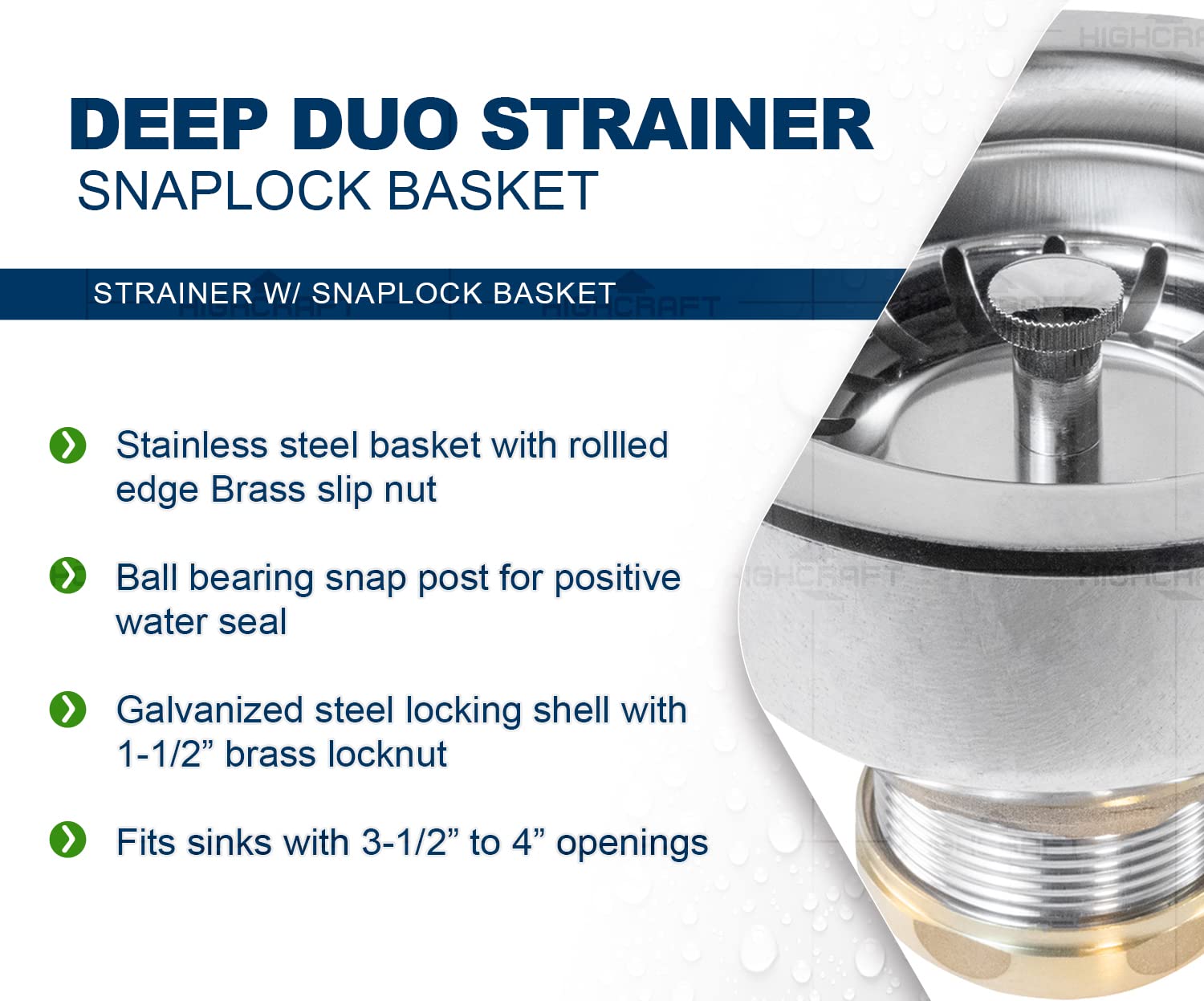 Highcraft 9754 Kitchen Sink (3-1/2 Inch) Stainless Steel Drain Assembly With Strainer Basket And Snaplock Stopper Long Extended