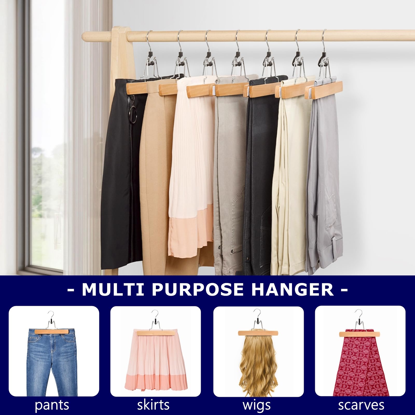 Amber Home 10 Pack Natural Wooden Pants Hangers, Wood Clamp Hangers With Non Slip Padded Velvet, Jeans/Slacks Hangers Hair Exten