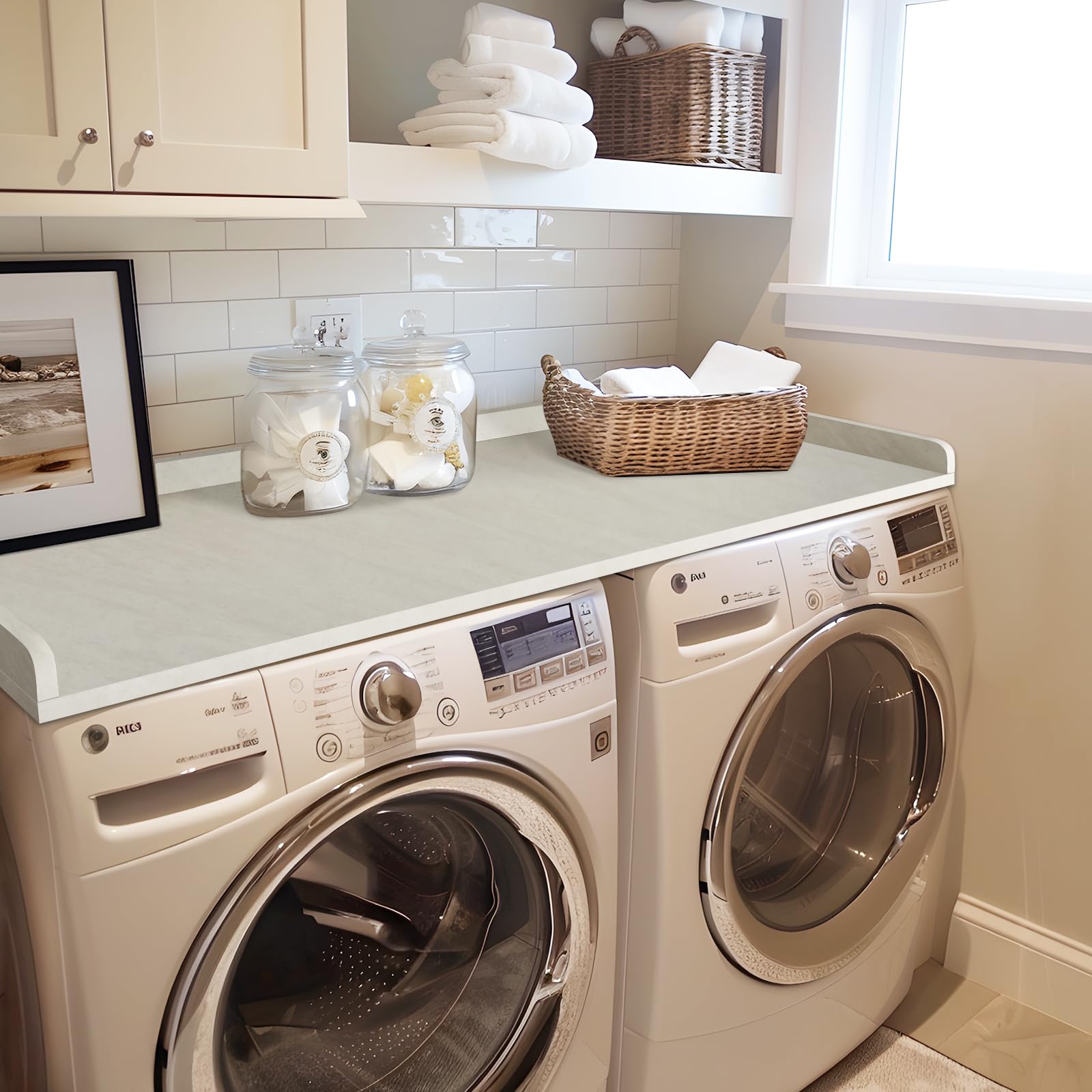 Kaboon Washer Dryer Countertop, Melamine Countertop With Edge Rails - 27.5'' Depth X 54'' Width Laundry Room Organization, Sea S