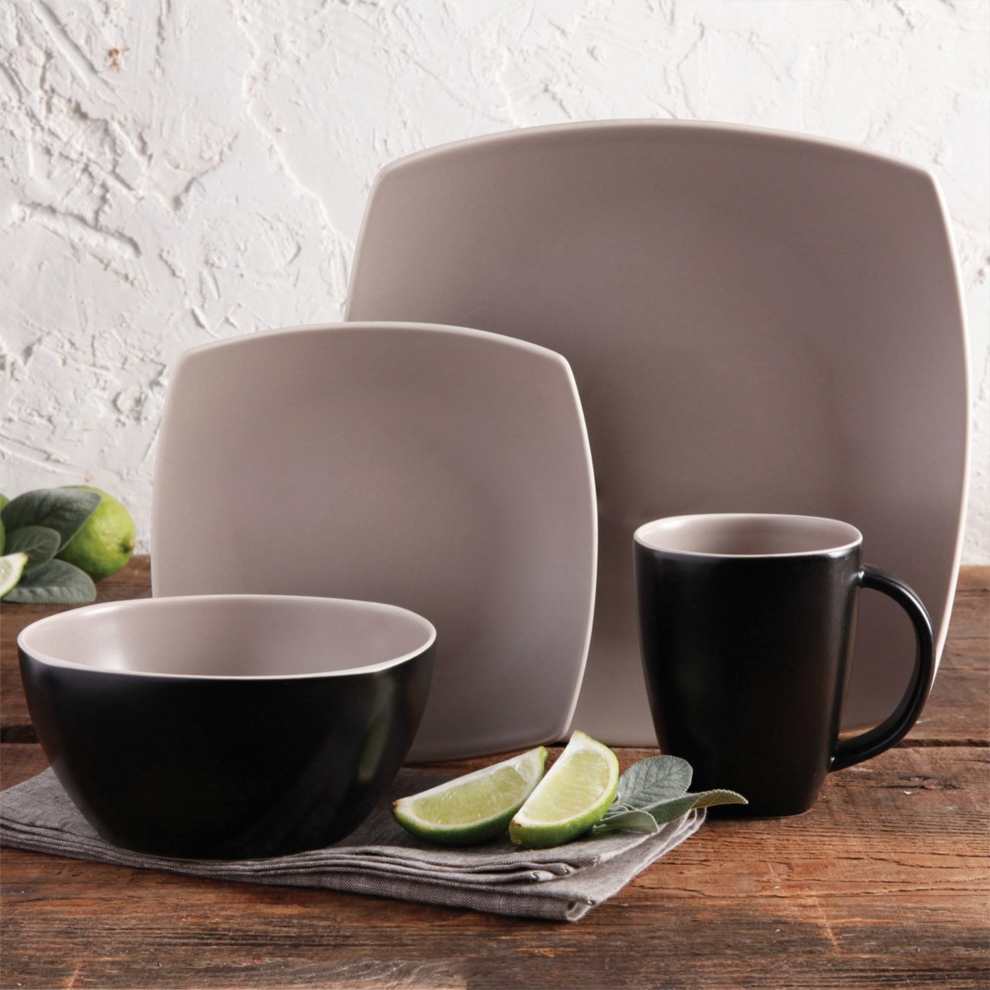 Gibson SoHo Lounge 16 pc DW Set Taupe - 12.50'' Length 12.50'' Width Dinner Plate, 7.75'' Length 7.75'' Width Dessert Plate, 6.5