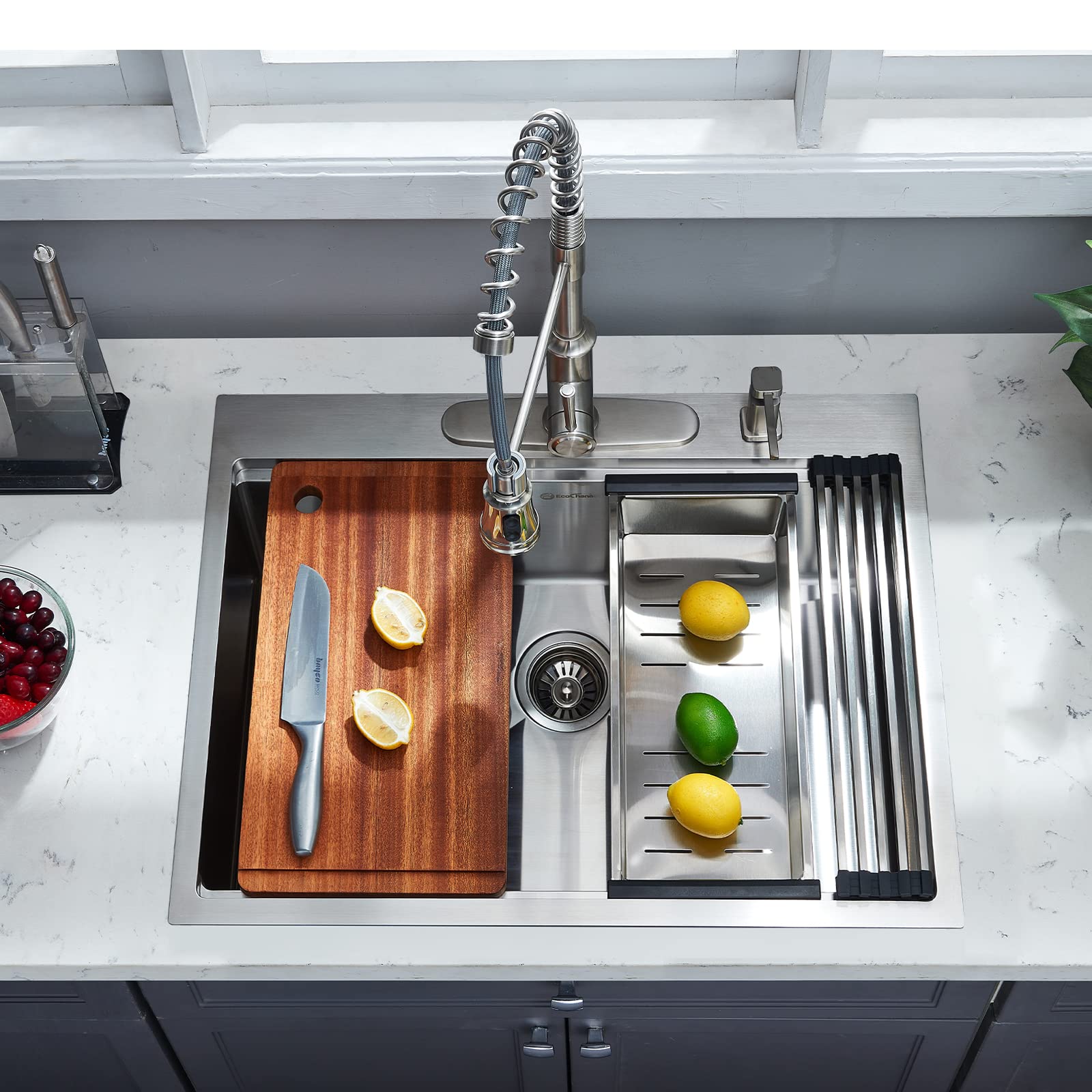Ecochannels Kitchen Sink, 25 X 22 Inch Drop In Kitchen Sink Stainless Steel Topmount Kitchen Sink Workstation Sink Single Bowl