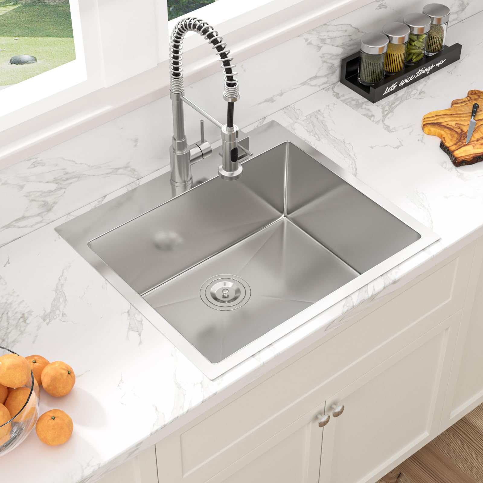 Sarlai 25 Drop In Kitchen Sink - 25 X 22 Stainless Steel Sink Drop In Laundry Sink 16 Gauge Round Corner Single Bowl Topmount Si