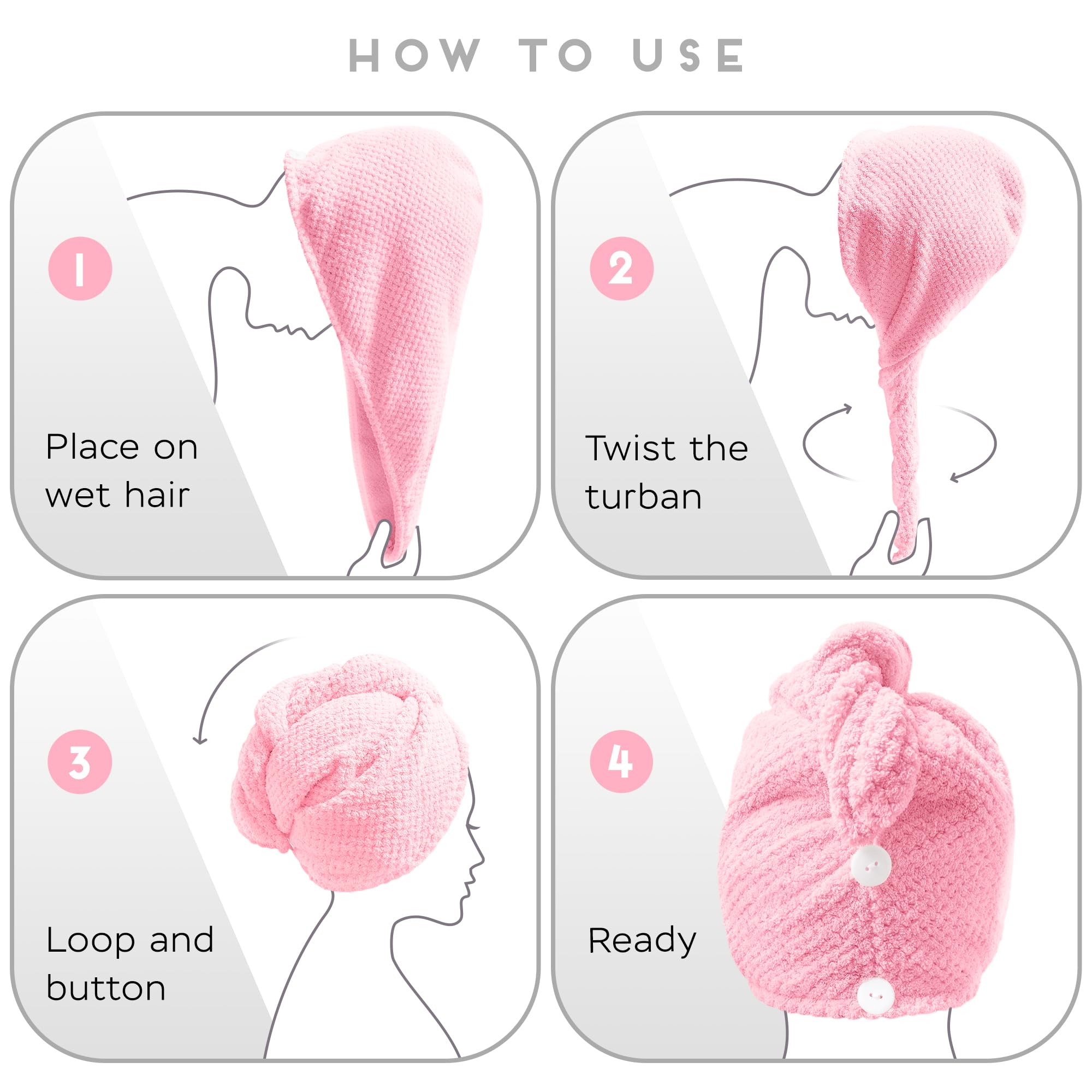 Microfiber Hair Towel for All Hair Style, 2 Pack Quick Drying Hair Turban - Perfect for Women, Men and Kids (Pink)