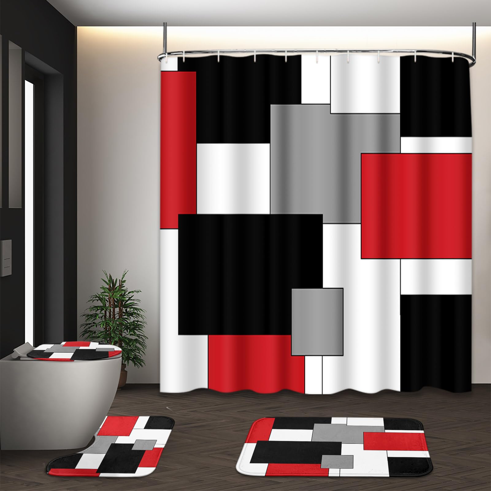 Tayney Red Geometric Shower Curtain Set With Toilet Lid Cover And Non-Slip Rugs For Bathroom, Black White Grey Checkered 4 Pcs S
