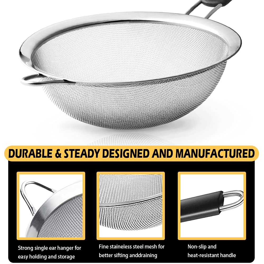 Stainless Steel Fine Mesh Strainers, Set Of 3 Sizes Strainer For Kitchen, Wire Sieve With Insulated Handle Kitchen Strainer, Bak