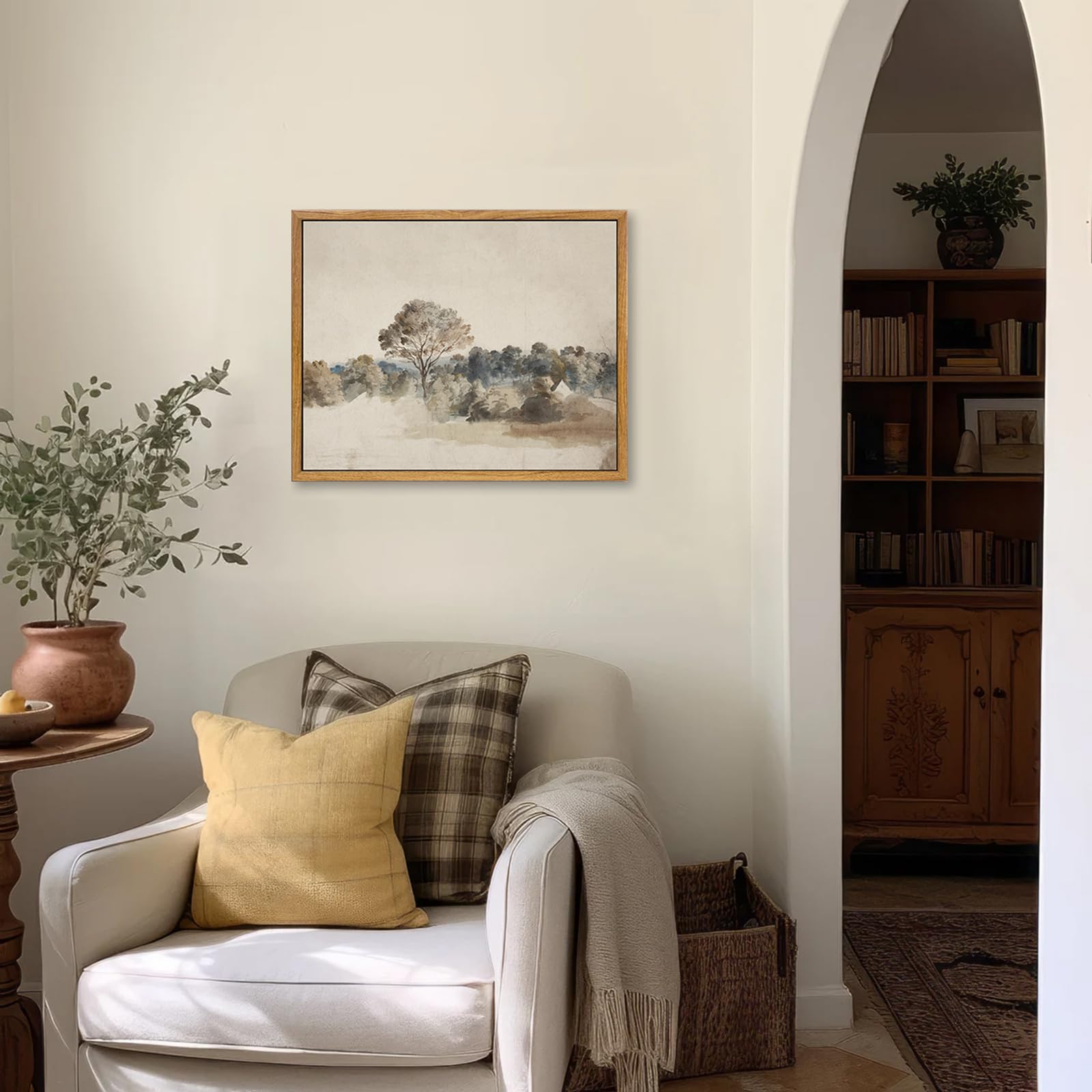 Kbkbart Framed Vintage Neutral Wall Art Prints, Antique Rustic Muted Landscape Canvas Painting, Retro Countryside Nature Wildern