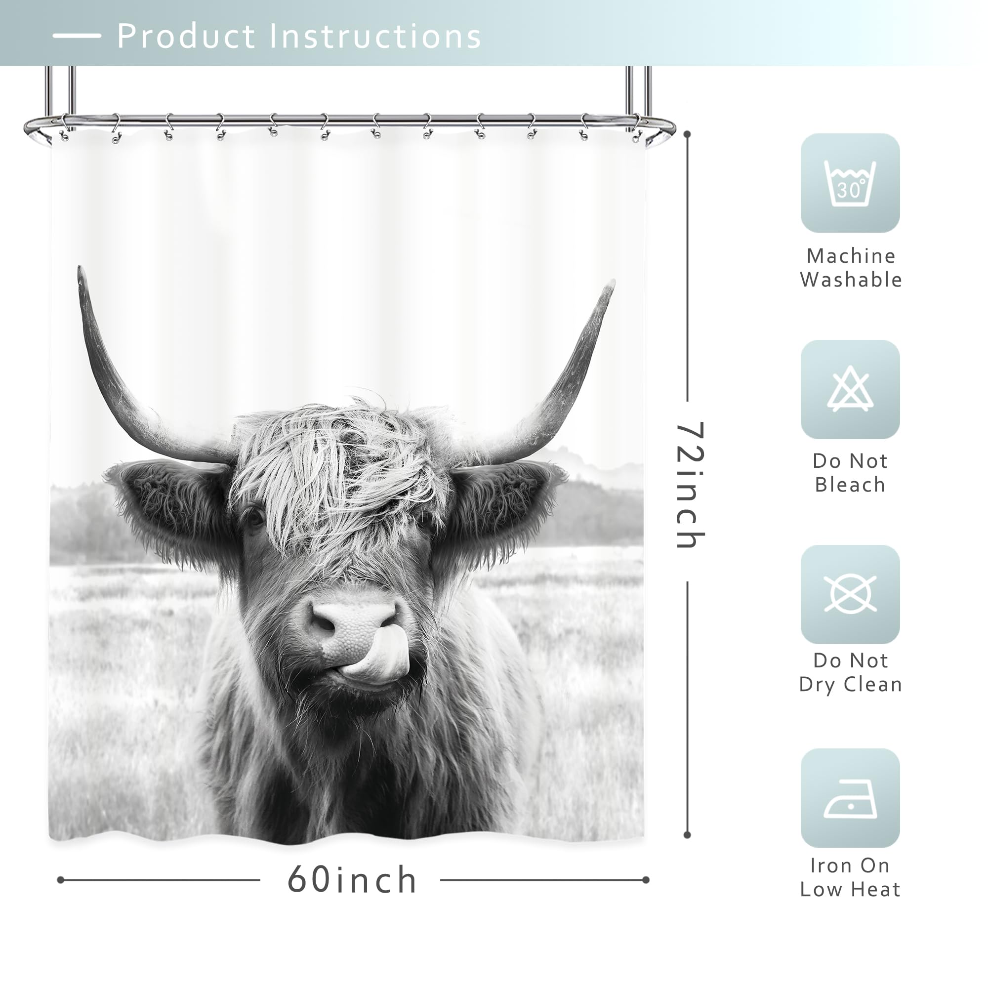 Riyidecor Farmouse Highland Cow Shower Curtain 60Wx72H Inch Western Wildlife Portrait Bull Animal Funny Country 12 Pack Plastic