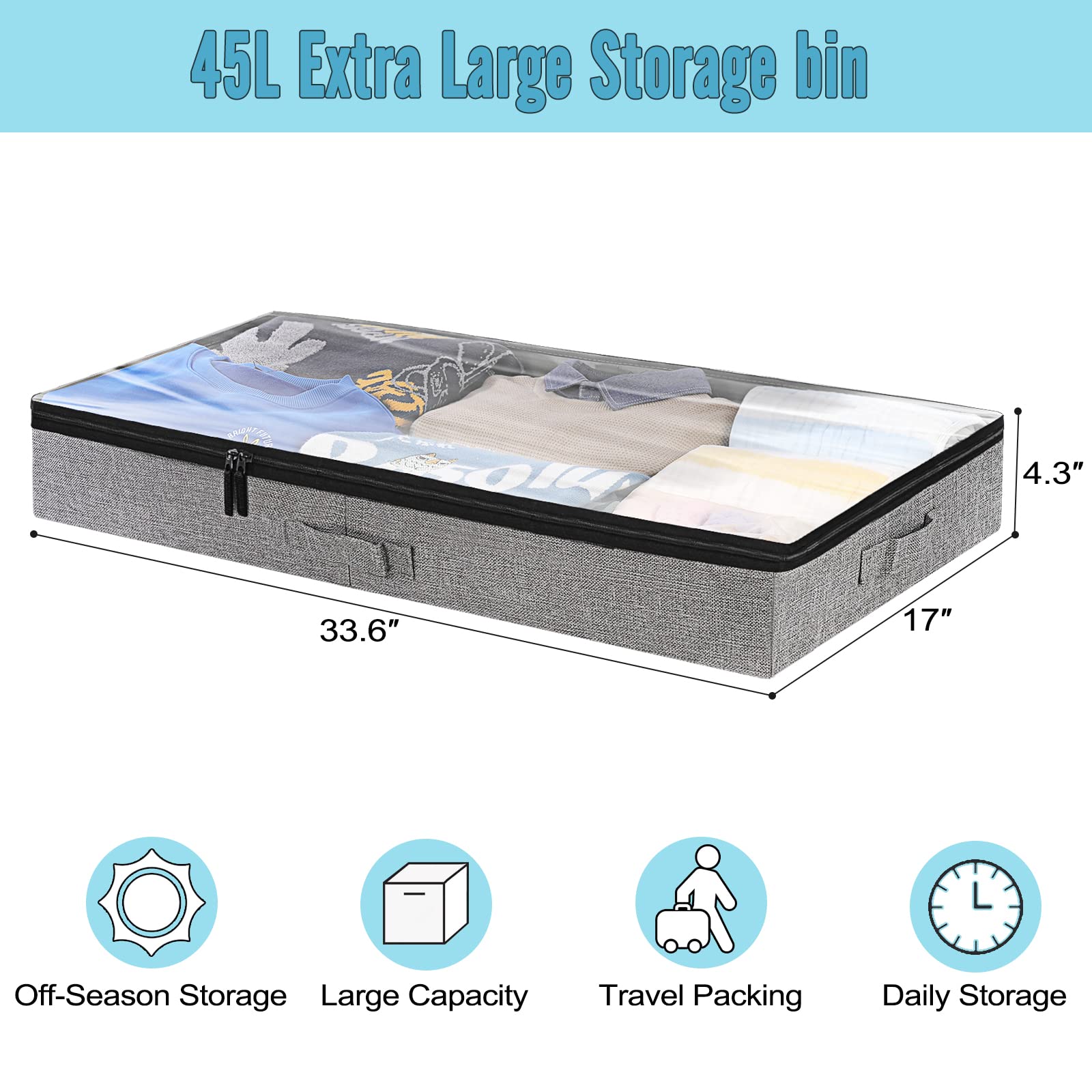 TidyCorner 2-Pack Under Bed Storage Containers, 4.5 Inches Tall Low Profile Underbed Clothes Storage Organizer Bin with Sturdy S