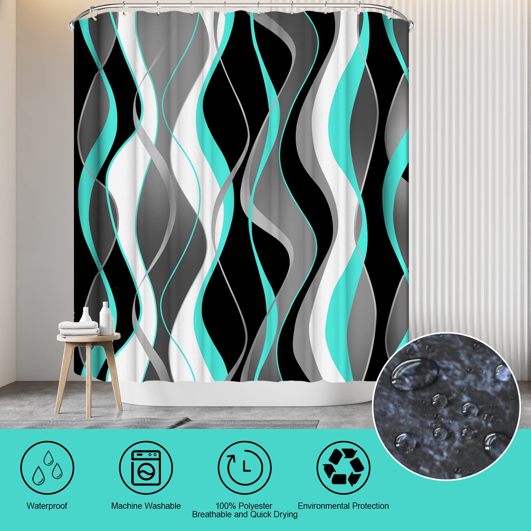 4Pcs Turquoise Shower Curtain Sets With Non-Slip Rugs, Toilet Lid Cover And Bath Mat, Black And Gray Bathroom Decor Set Accessor