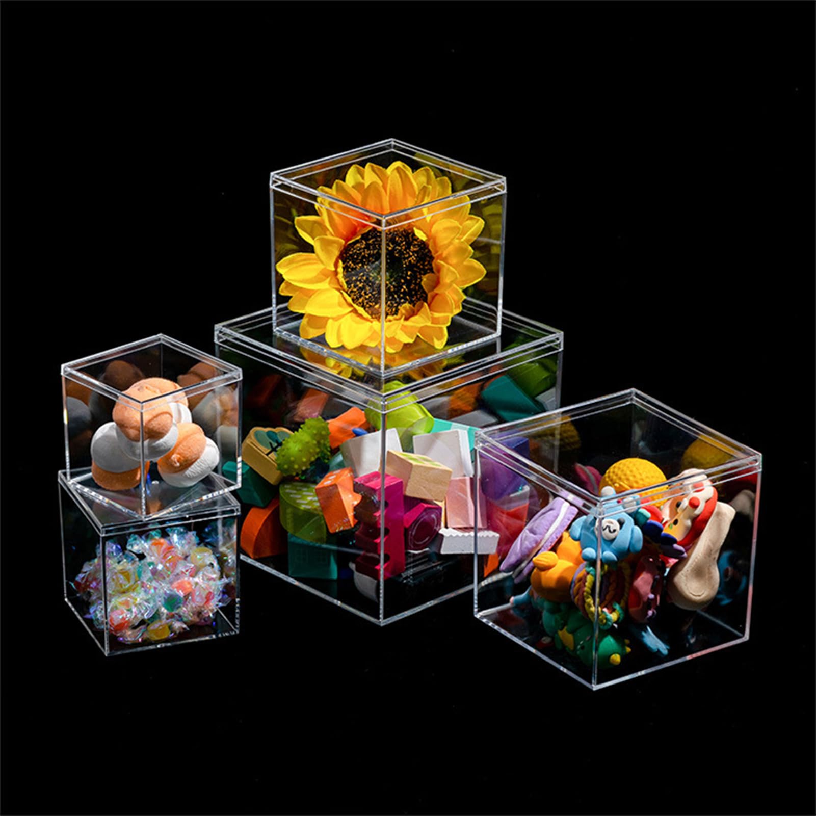 Profikla 4.7/4/3.3/3/2.5 Inch Clear Acrylic Box With Lid, Jewelry Display Box, Plastic Square Cube Decorative Storage Boxes For