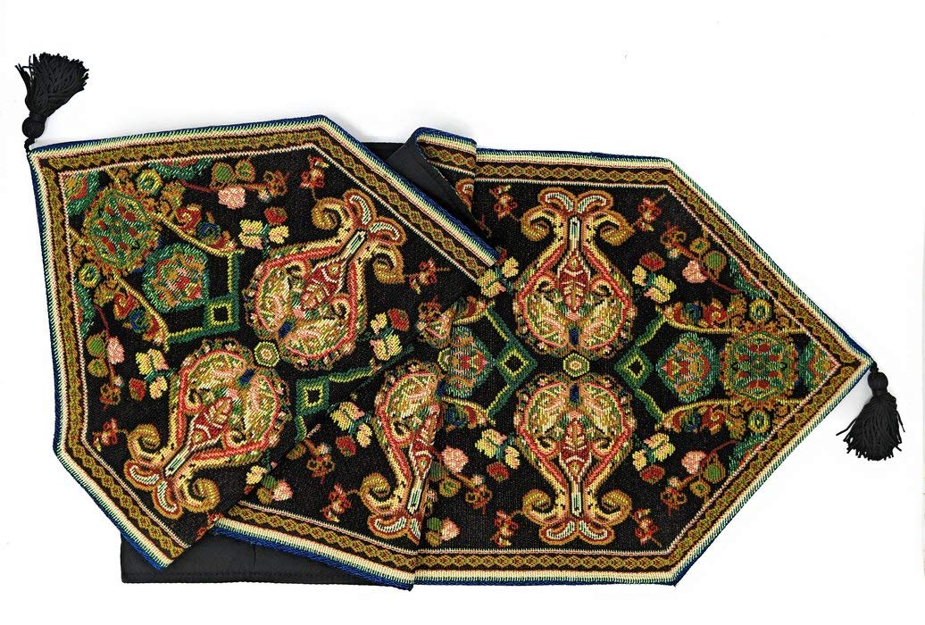 Tache Rococo Elegant Ornate Black Green Paisley Dining Cotton Linen Tapestry Woven Table Runner With Tassels 13X90