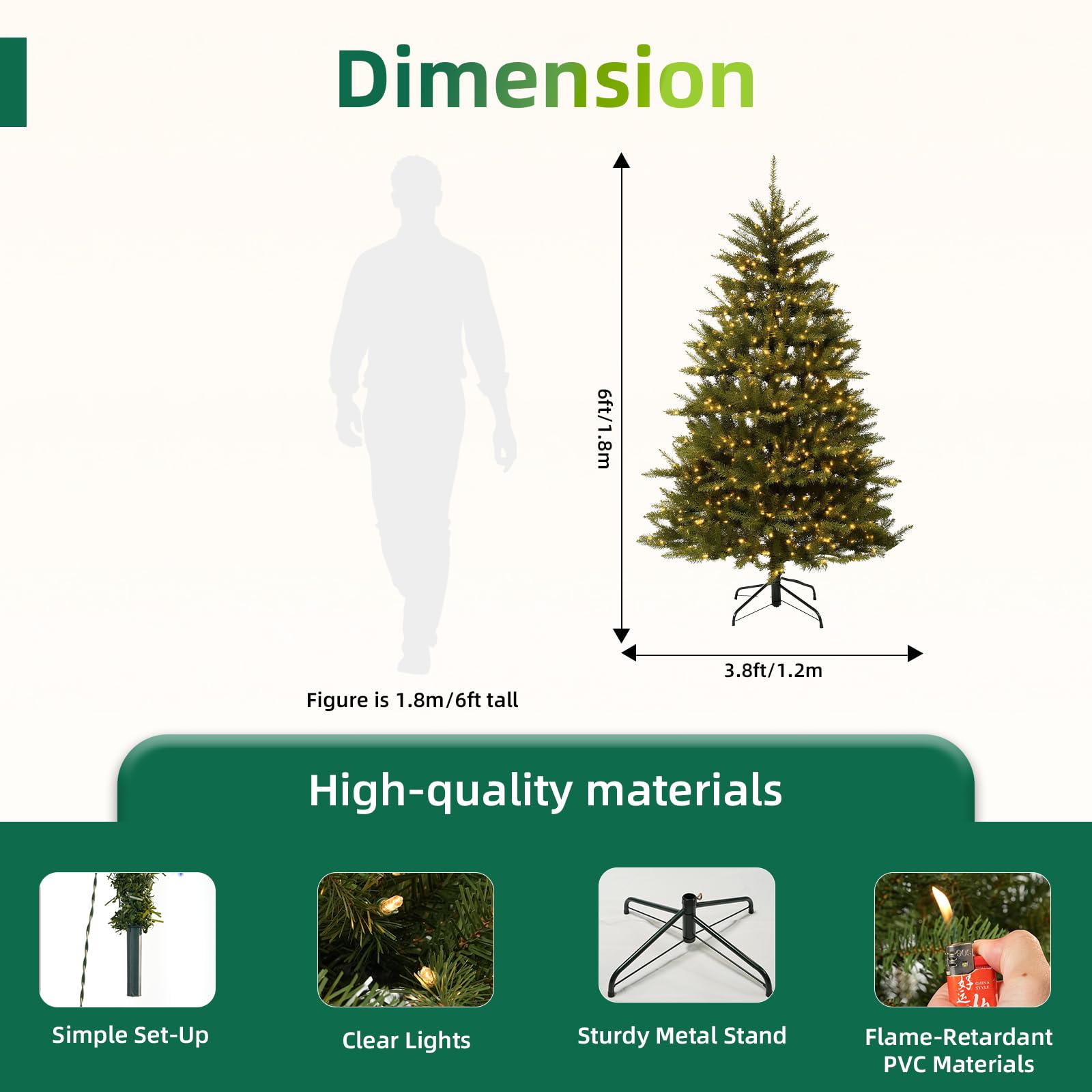 Aovotreena 6FT Pre-Lit Artificial Christmas Tree with 500 White Lights, 1430 PVC Branch Tips,Green Dunhill Fir Xmas Tree, Foldab