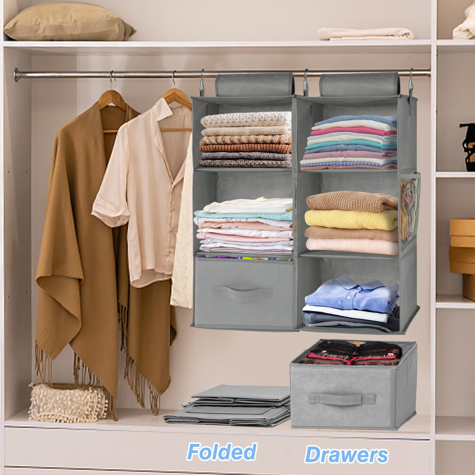 Punemi 3-Shelf Hanging Closet Organizer, 2 Pack Closet Hanging Organizer With Drawers, Foldable Hanging Closet Shelves For Rv, C