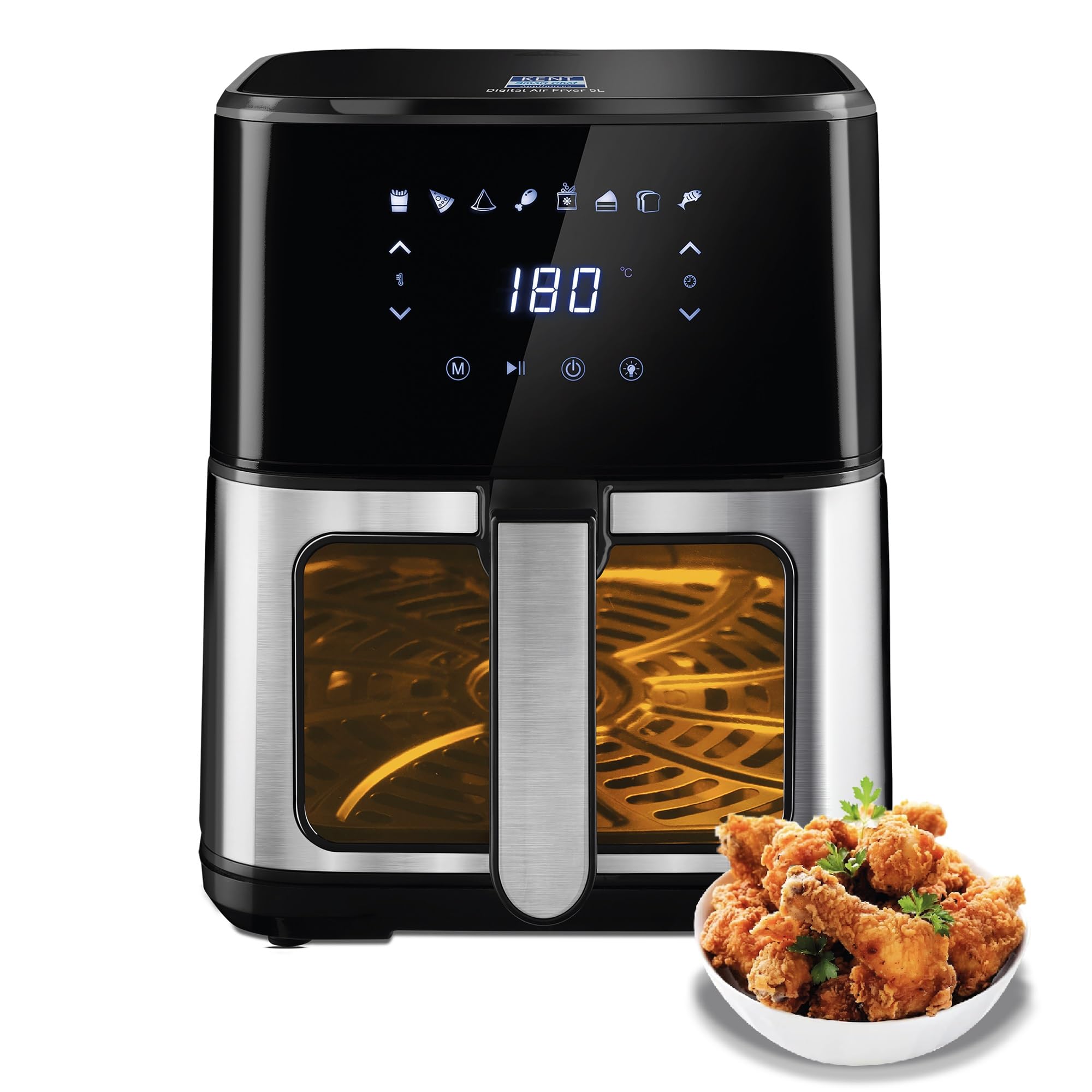 Kent Digital Air Fryer 5L | 1400W | Bake, Grill & Roast | Up To 80% Less Oil Usage | 8 Preset Menu | Rapid Heat Circulation | Di