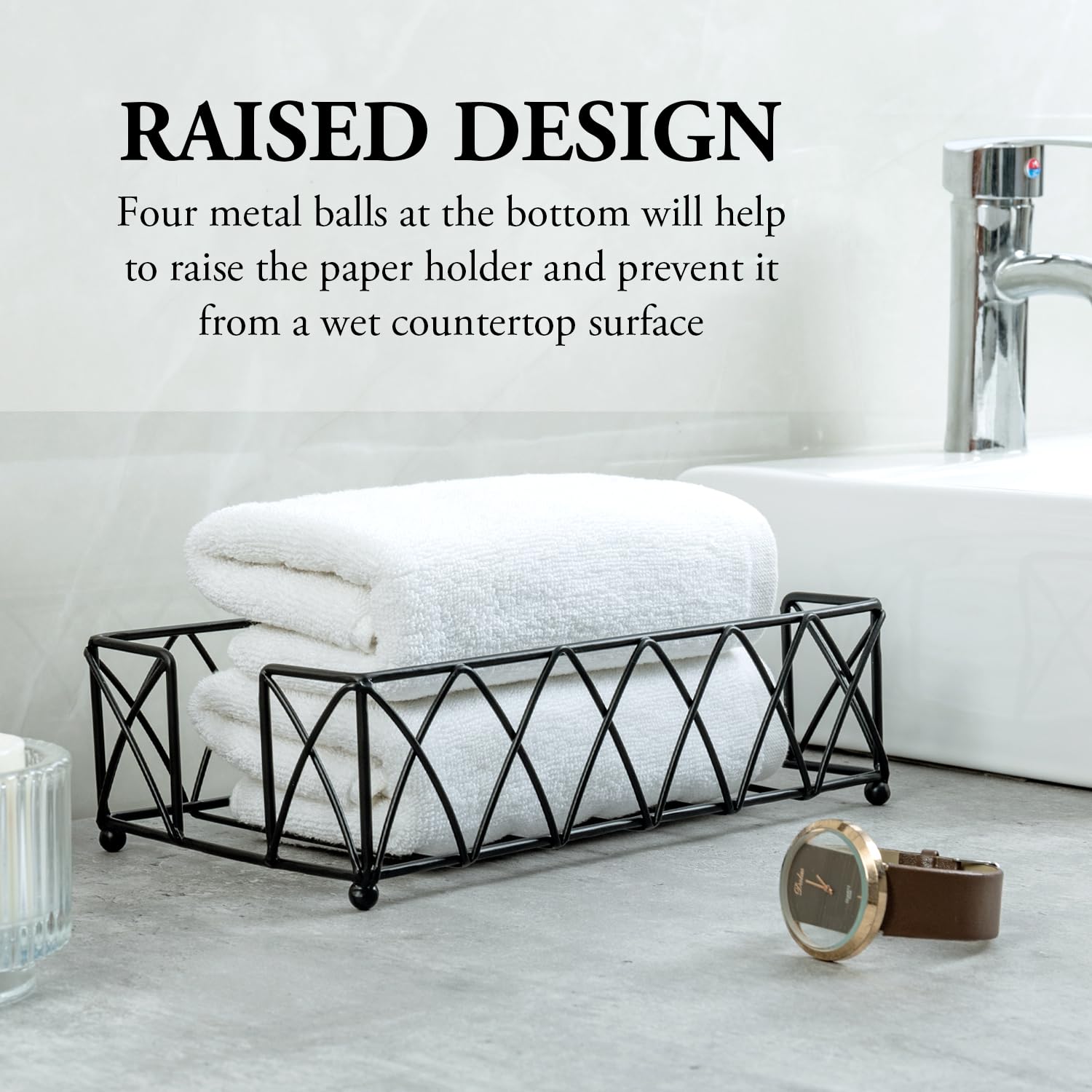 Mygift Modern Deluxe Metal Wire Countertop Folded Paper Towel Holder With Matte Black Finish, Guest Bathroom Vanity Tabletop Dis