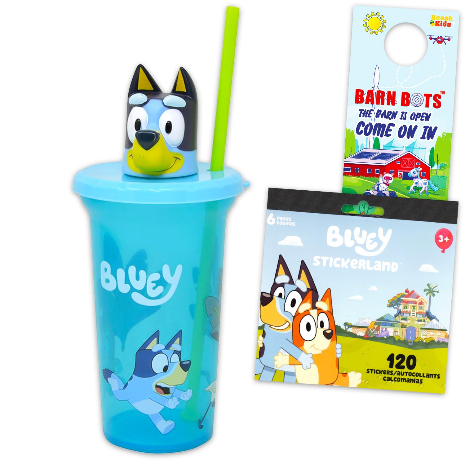 Bluey Cup with Lid 15oz for Kids, Girls, Boys  4Piece School Supplies Bundle with Drinking Straw Bottle, Stickers, Plus More |