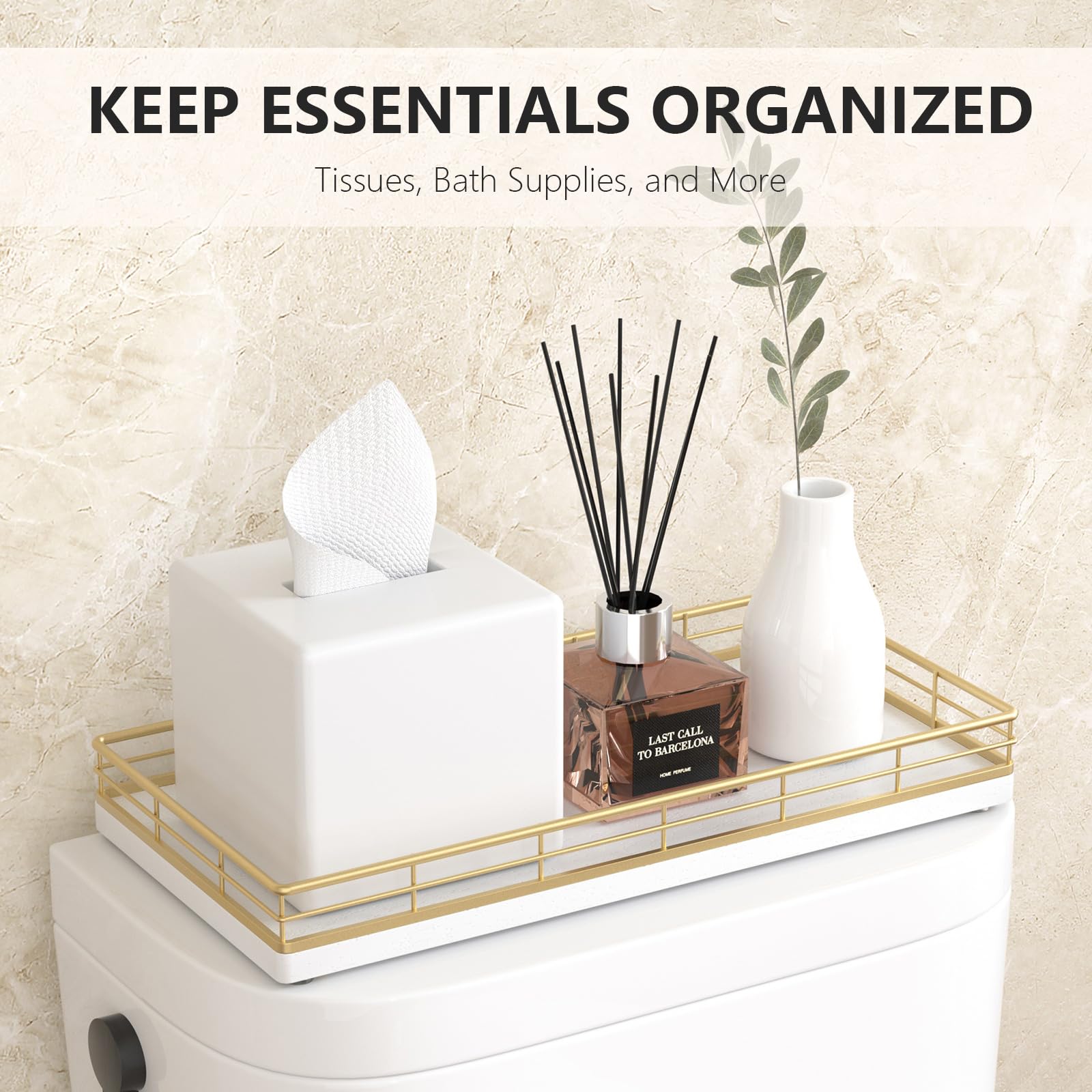 Toilet Paper Basket Organizer - Oak Wood Toilet Tank Tray with Metal Frame, Back of Tank or Top Bathroom Counter Storage - Gold