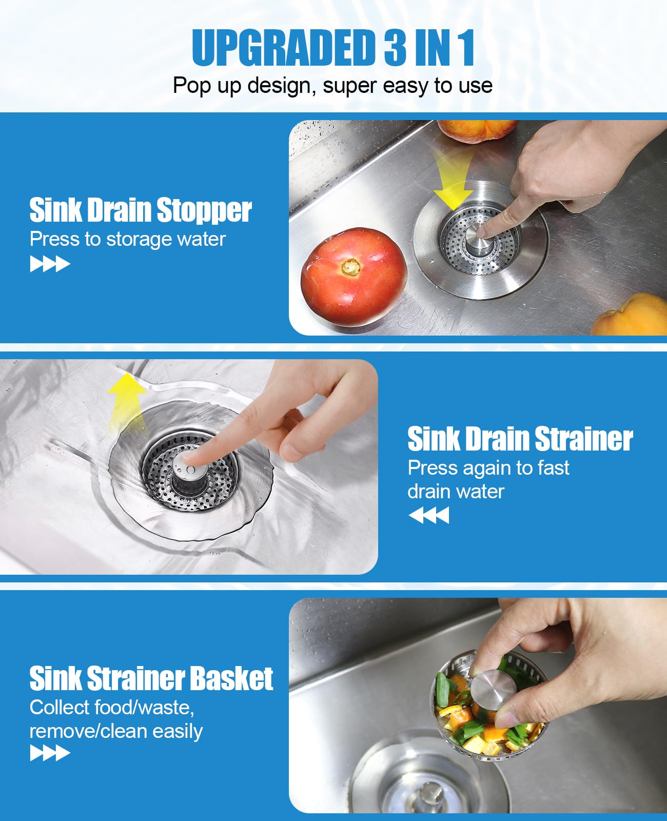 Kitchen Sink Drain Strainer, 3 In 1 All Stainless Steel Sink Strainer, Pop Up Sink Stopper With Copper Bounce Core, Anti-Clog Fo