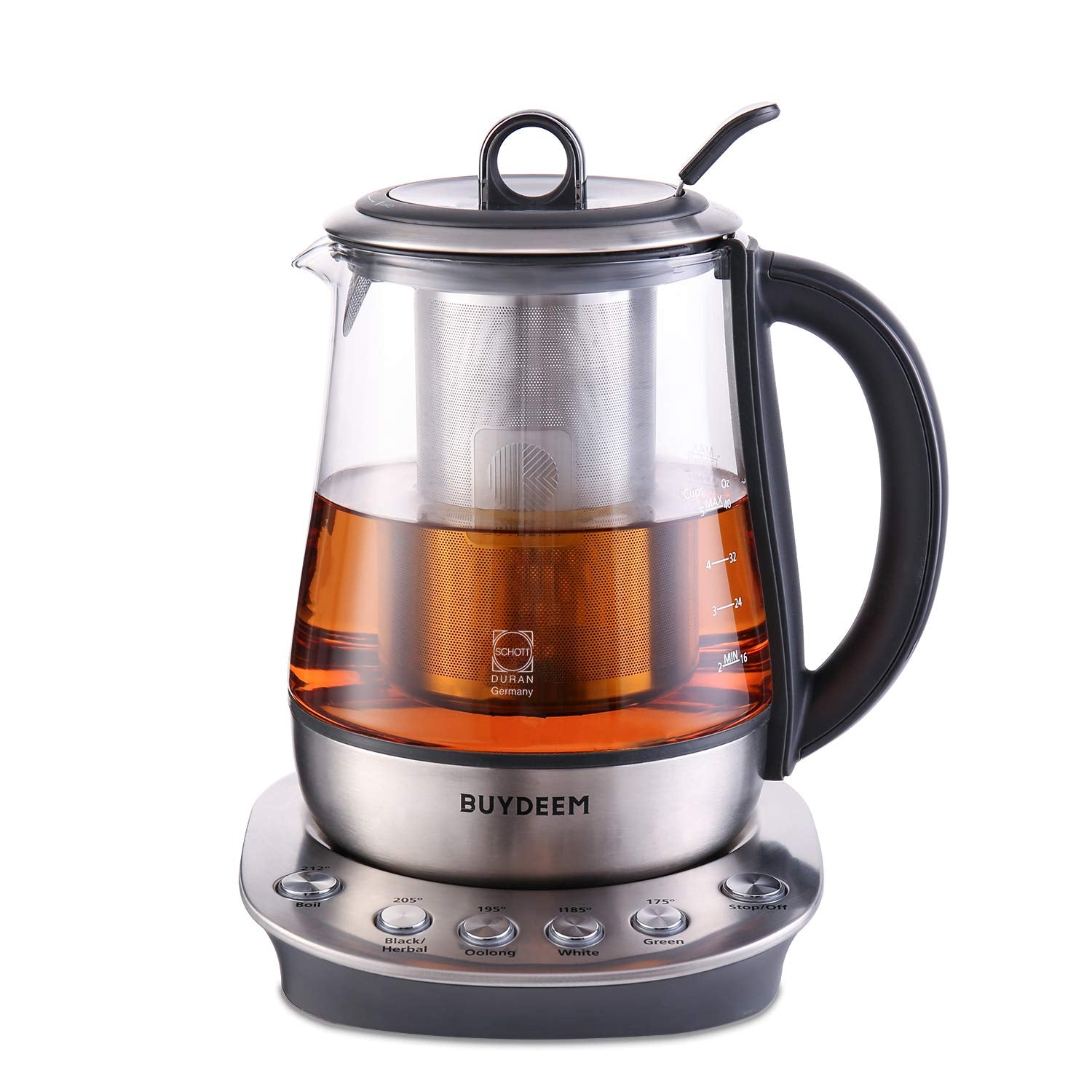 Buydeem K2423 Tea Maker, Durable 316 Stainless Steel & German Schott Glass Electric Kettle, Removable Infuser, Auto Keep Warm, B