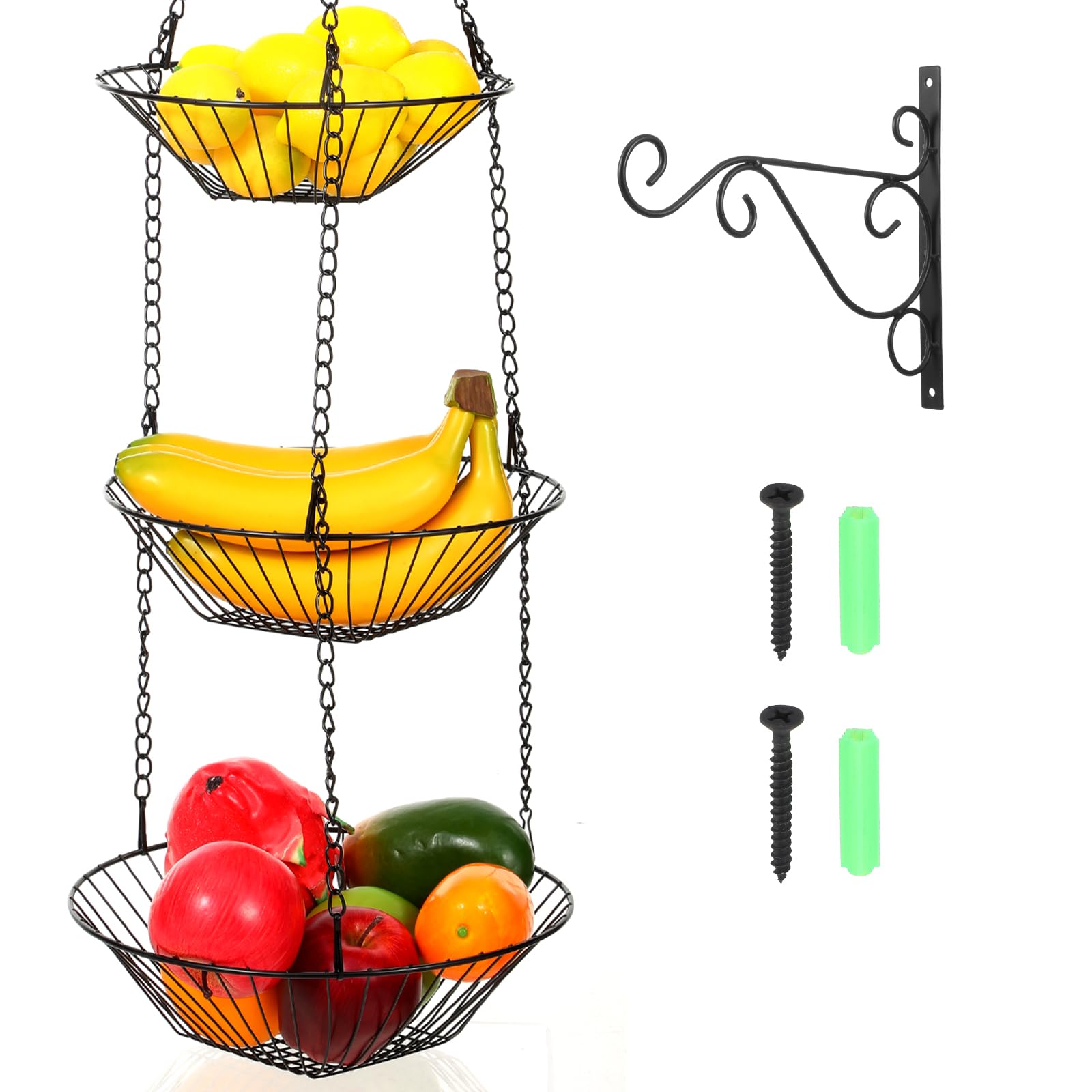 Ckhoid 3 Tier Hanging Fruit Basket with Banana Hook, 34Inch HeavyDuty Wire Hanging Basket, Wire Vegetable Produce Organizer wi