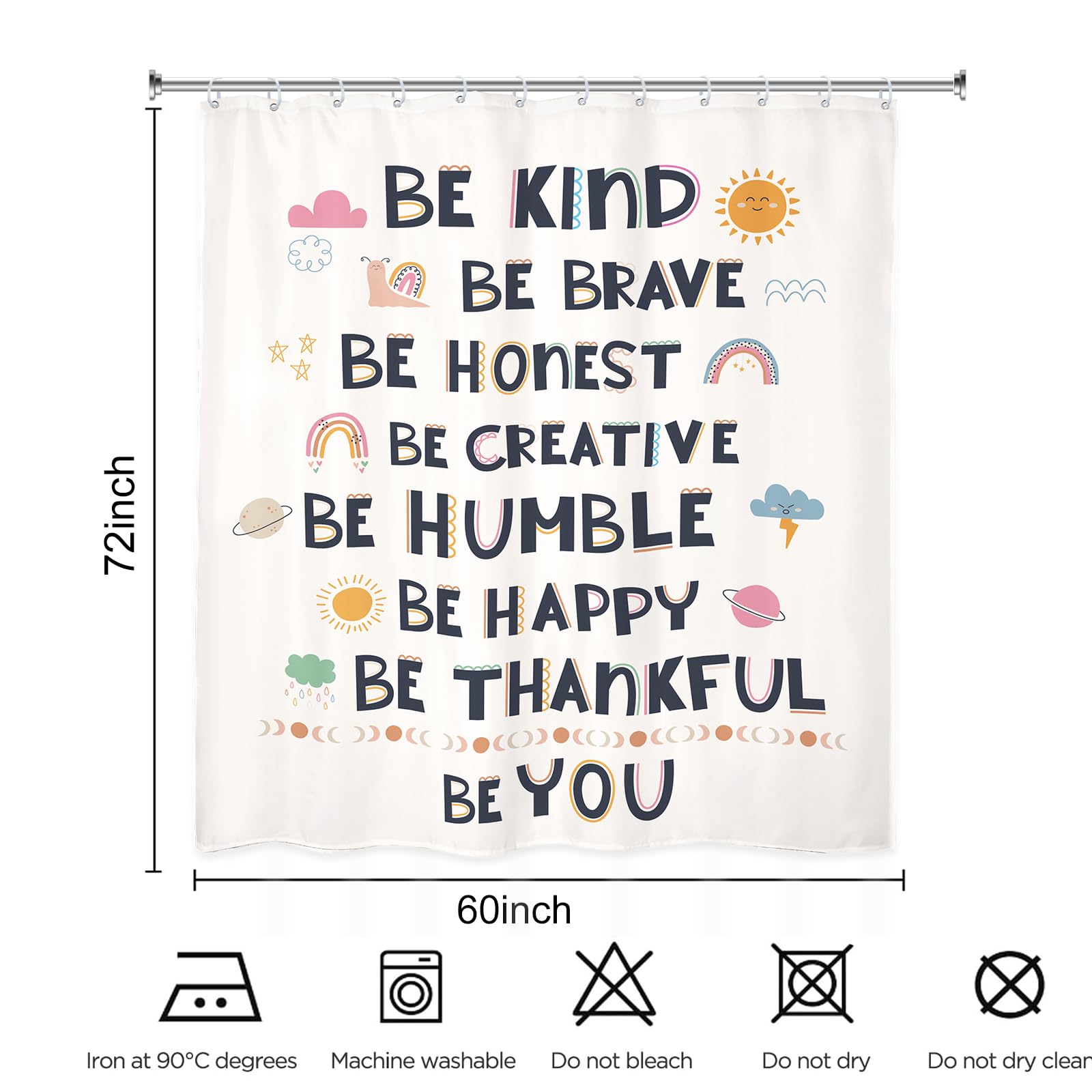 Kalmico Kids Quotes Inspirational Shower Curtain 60Wx72L Inch Boys Girls Motivational Positive Child Nursery Rainbow Sun Cute Ba