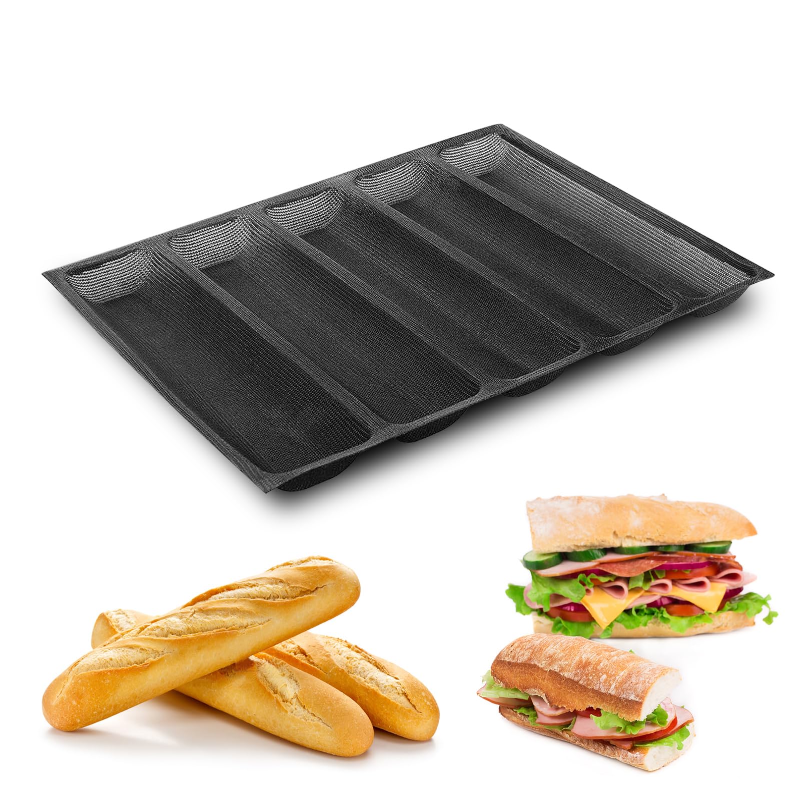 Estink Silicone Pan, Oblong Shape Bread French Bread Baking French Bakeware Tray 5 Loaf Nonstick Baking Liners Mat For Frozen Do