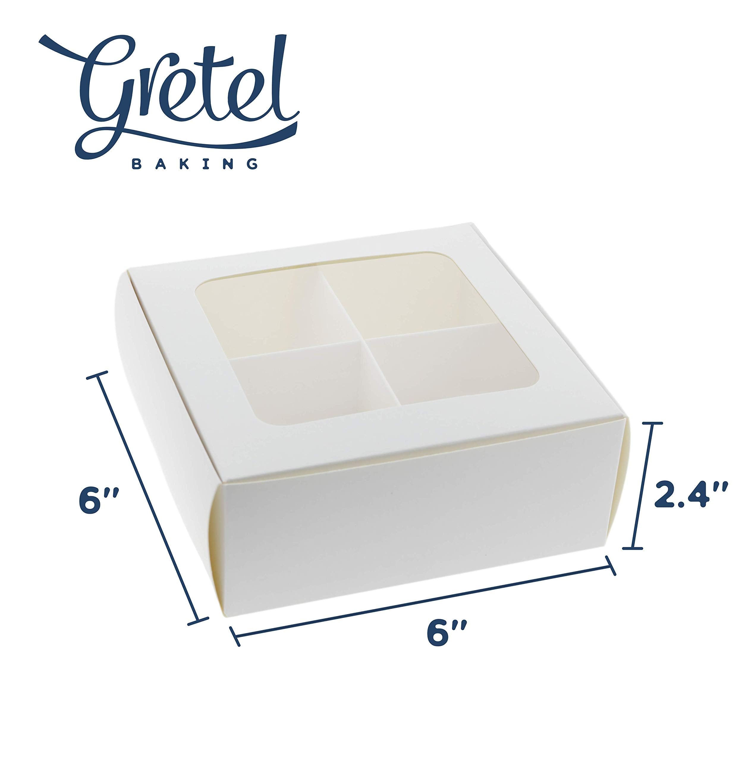 24-Pack Small Cookie Boxes for Packaging with Window and Dividers | 6x6x2.4 Inches | Four Compartment Treat Box for Charcuterie  Chocolate Covered Strawberries  Cookies  Candy  Brownies  and Small Treats for Gift Giving (White)