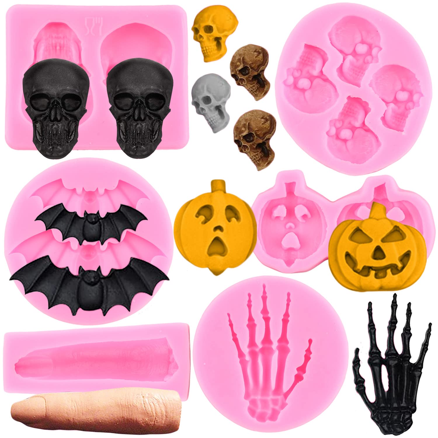 Miyahouse Halloween Silicone Molds Skeleton Hands Skull Fondant Mold Bat Pumpkin Finger Molds For Halloween Cake Decorating Cupc
