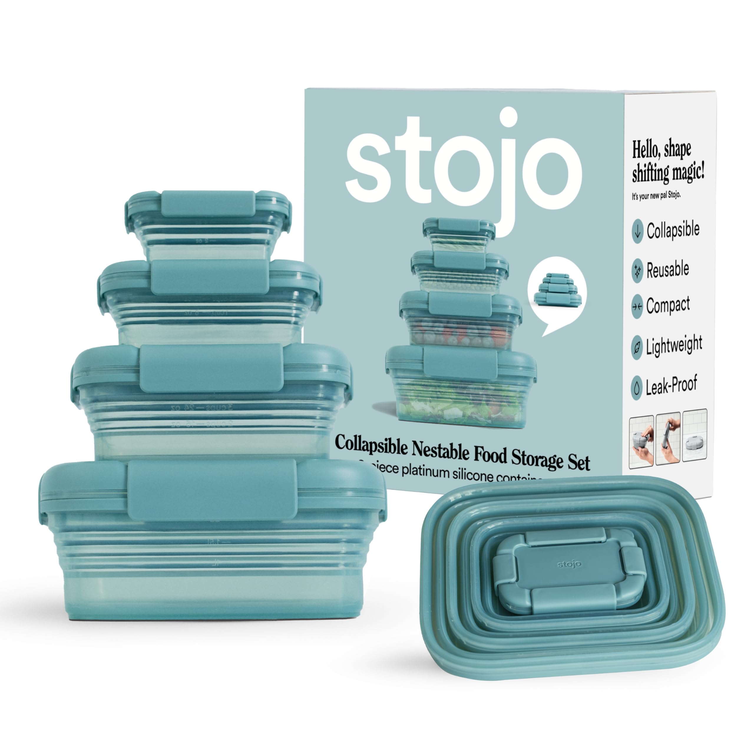 Stojo Nestable Collapsible Food Storage Container -Set of 4, Eucalyptus- Leak-Proof Airtight Seal Made With Food Grade Silicone 