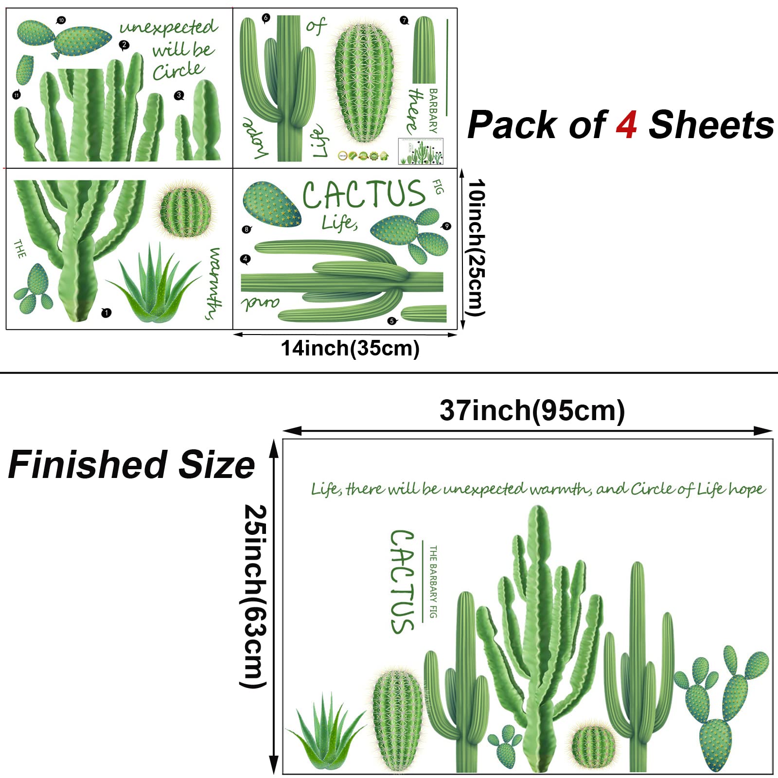 Maydahui Cactus Wall Decals Green Succulent Plant Wall Stickers(25 X 37 Inch) Peel Stick Inspirational Quotes Tropical Cactus Wa