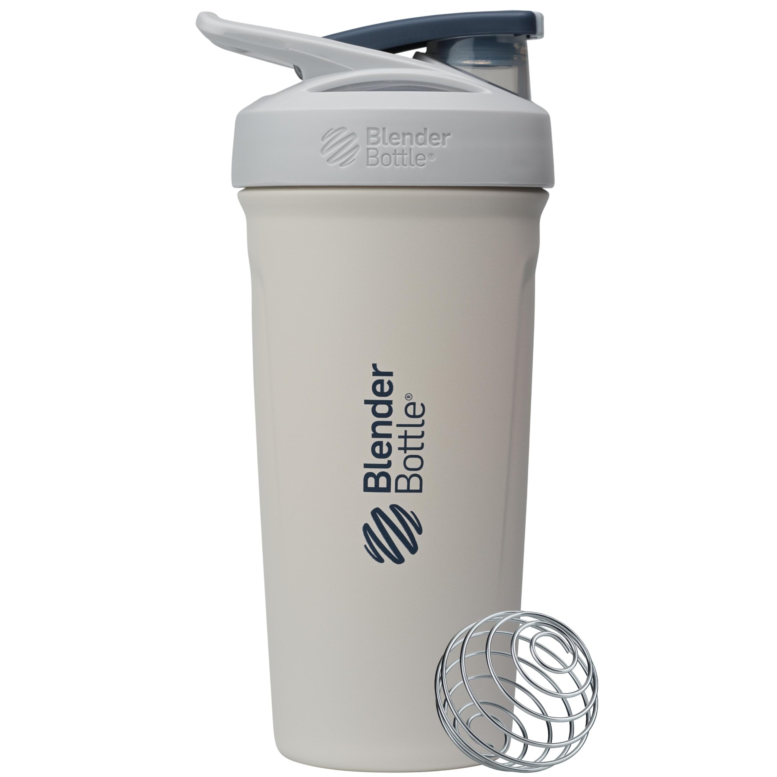 BlenderBottle Sport Shaker Cup Insulated Stainless Steel Water Bottle with Wire Whisk, 24-Ounce, Grey/White