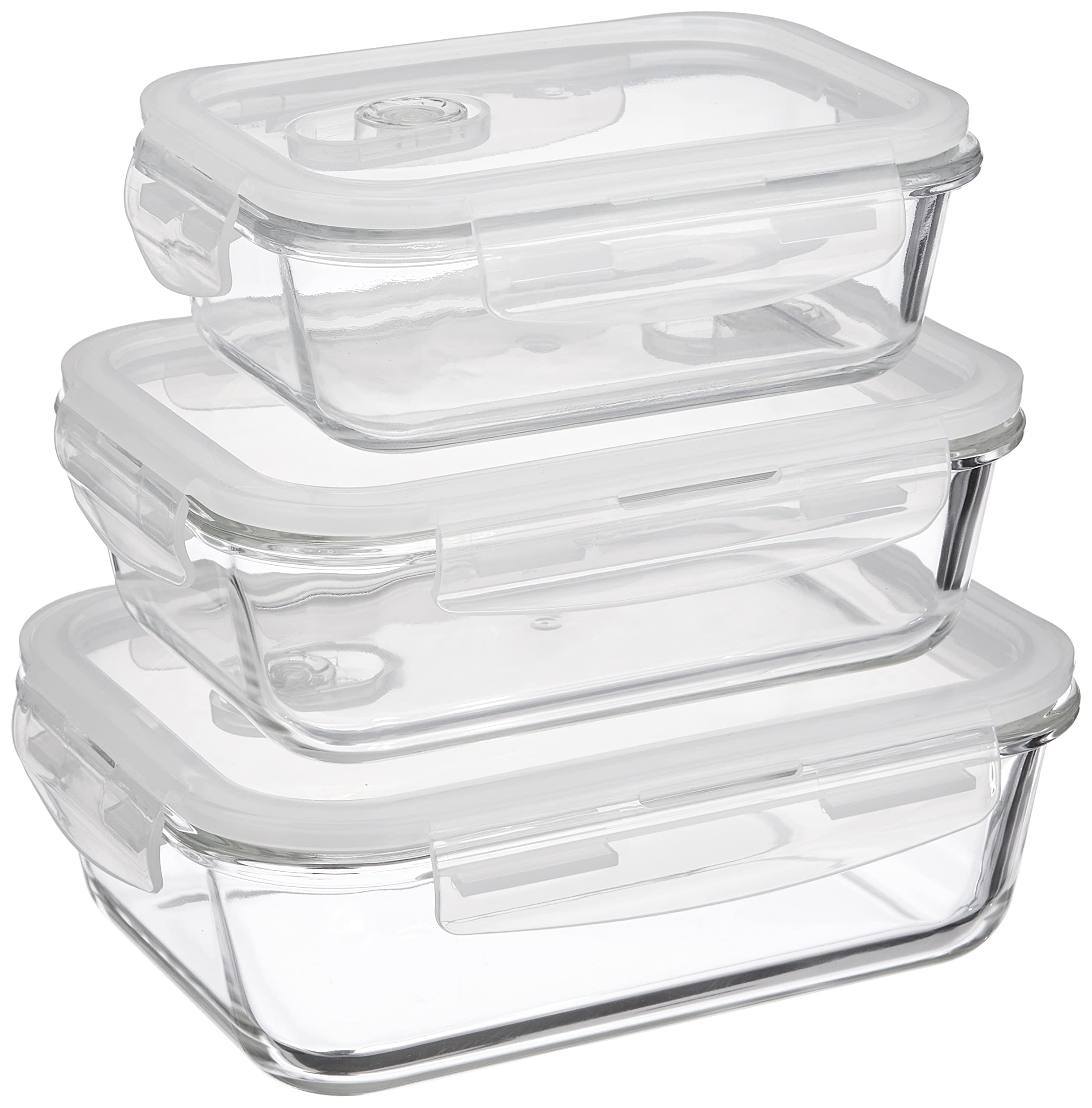 Amazon Brand - Solimo Glass Containers With Air-Vent Lids, Rectangle, Combo Set (600 + 1,000 + 1,500 Ml) | Transparent