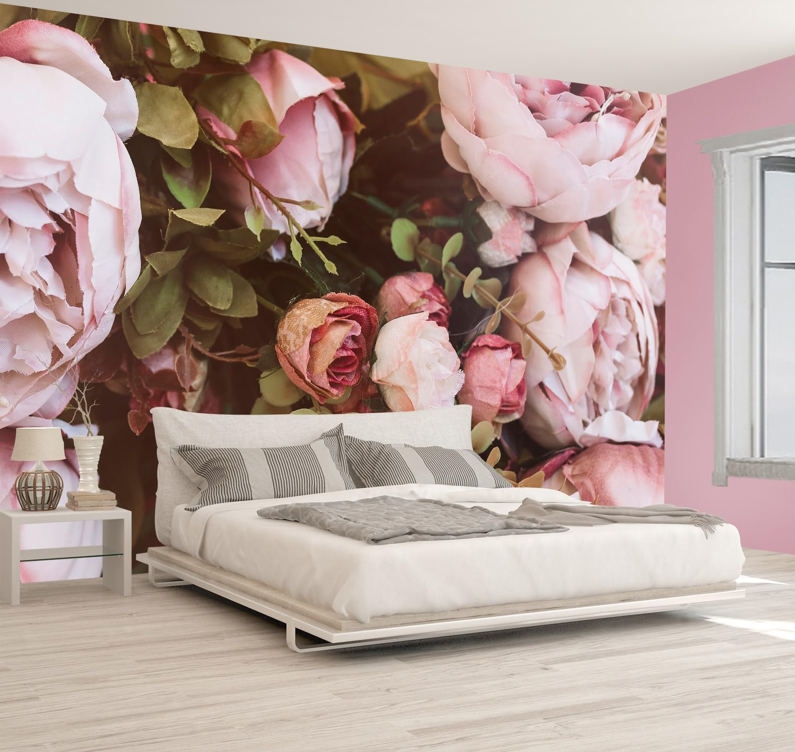WFBHUA - Large Peony Floral Wallpaper Girls Bedroom Pink Rose Flower Wall Mural (Not Peel and Stick)