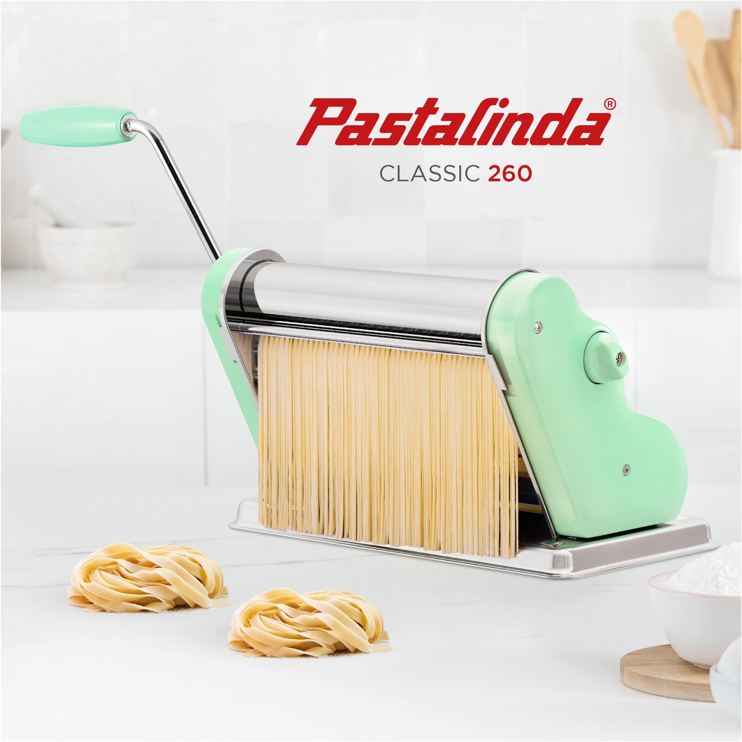 Pastalinda Classic 260 Pasta Maker Machine, 26 Cm Wide Rollers, 9 Thickness Positions, 2 Cutting Positions, Stainless Steel. Inc