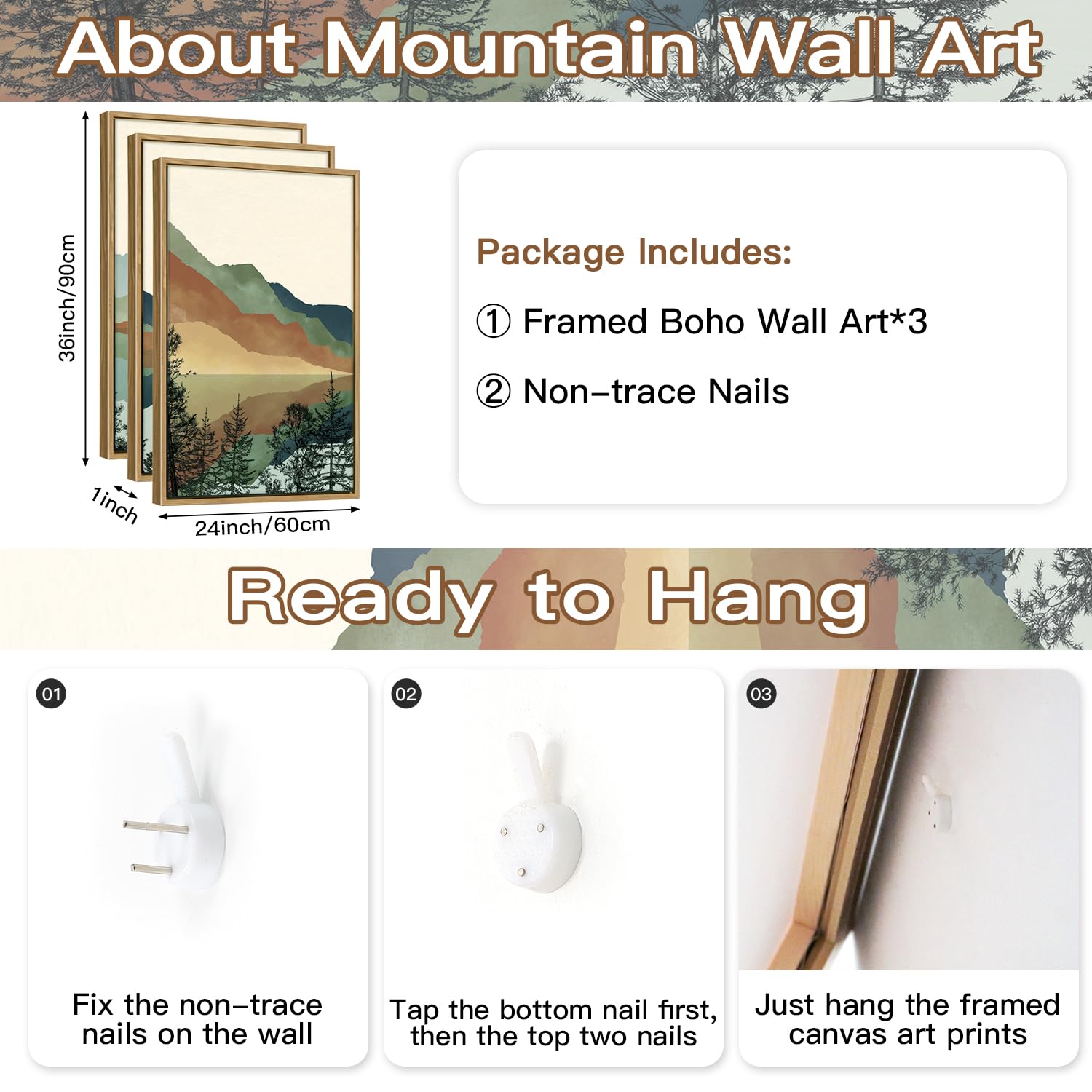 Chditb Mountain Sun Forest Framed Art Prints(Set Of 3, 24   X36   ), Boho Watercolor Nature Landscape Canvas Artwork Painting, A