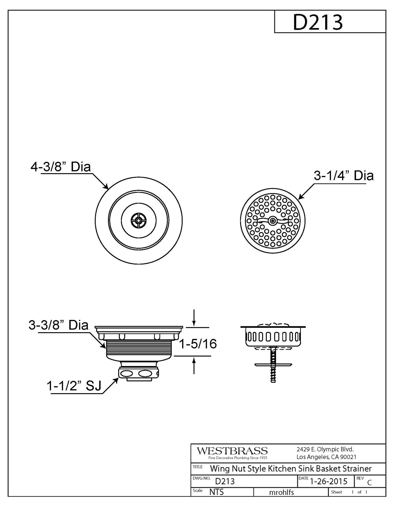 Westbrass D213-12 3-1/2'' Wing Nut Twist Style Large Kitchen Sink Basket Strainer, 1-Pack, Oil Rubbed Bronze