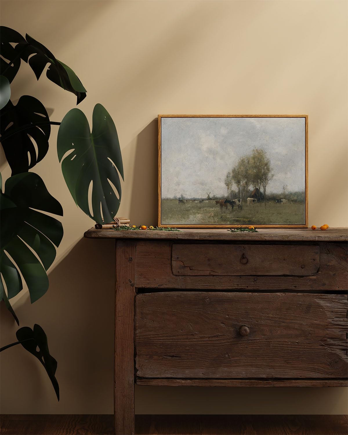 Arpeotcy Vintage Country Framed Wall Art, Meadow With Cows Retro Painting Decor Aesthetic, 12X16 Inch Canvas Print Artwork, Past