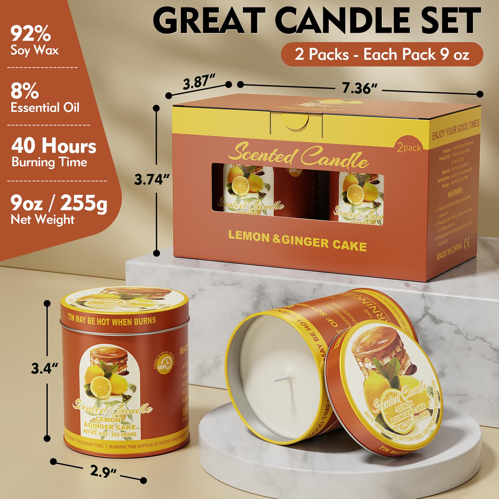 2 Pack Scented Candles (90 Total Burn Hours) - Soy Wax Candles 9 oz Each in Tin - Long Lasting Aromatherapy Candle Gift Set (Lem