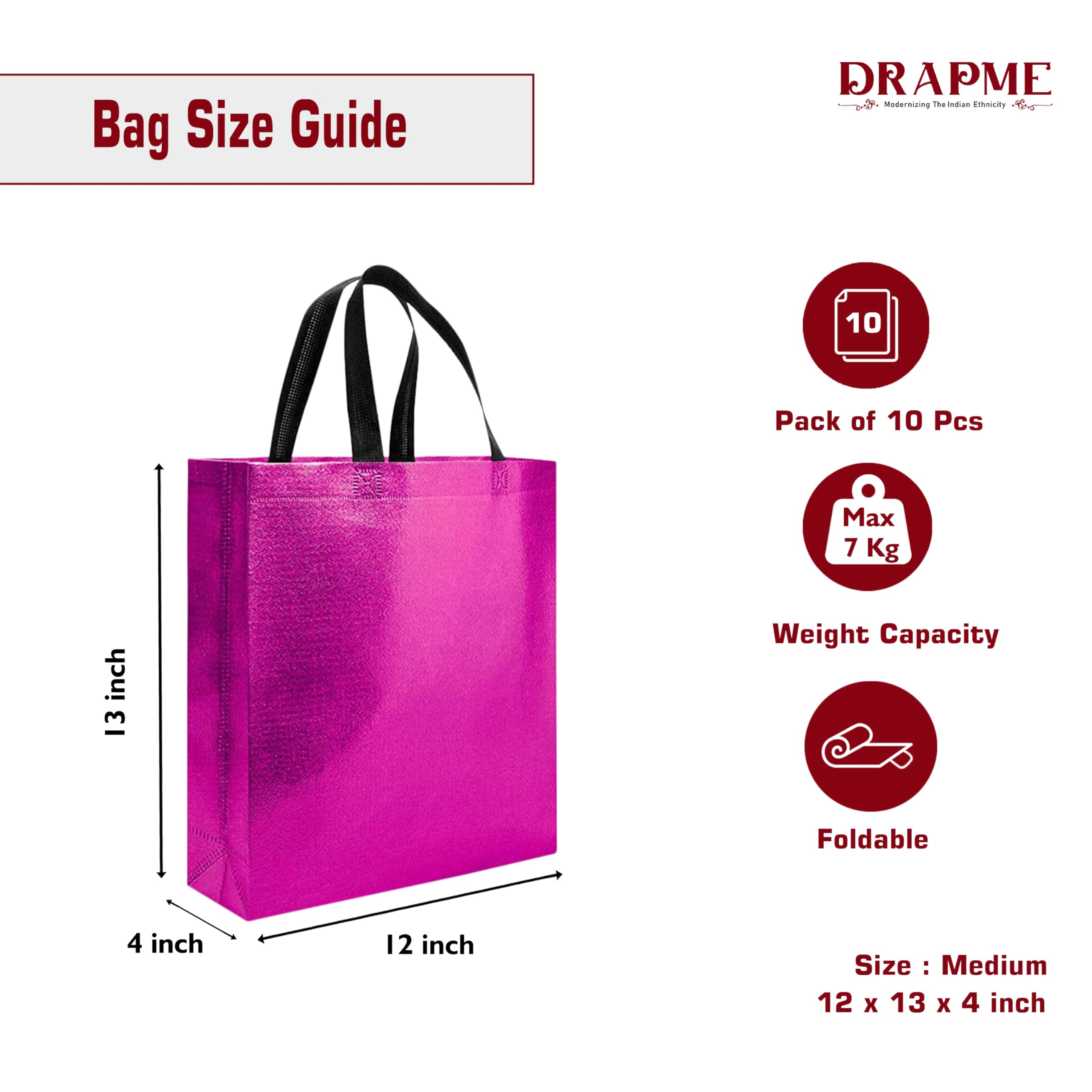 Drapme Medium Size Pack Of 10 Pcs Glossy Metallic Laminated Non-Woven Reusable Eco-Friendly Party Return Gift Bags (Hot Pink) (M