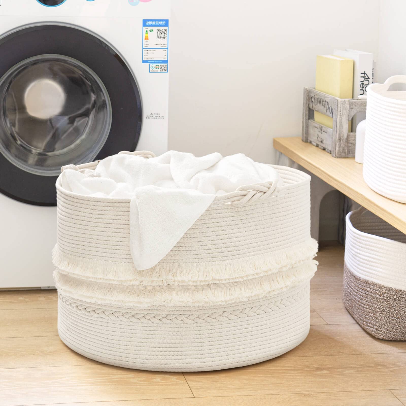Cherrynow Large White Woven Storage Basket, Boho Decorative Basket For Home Decor, Towel Basket For Bathroom, Bedroom, Living Ro