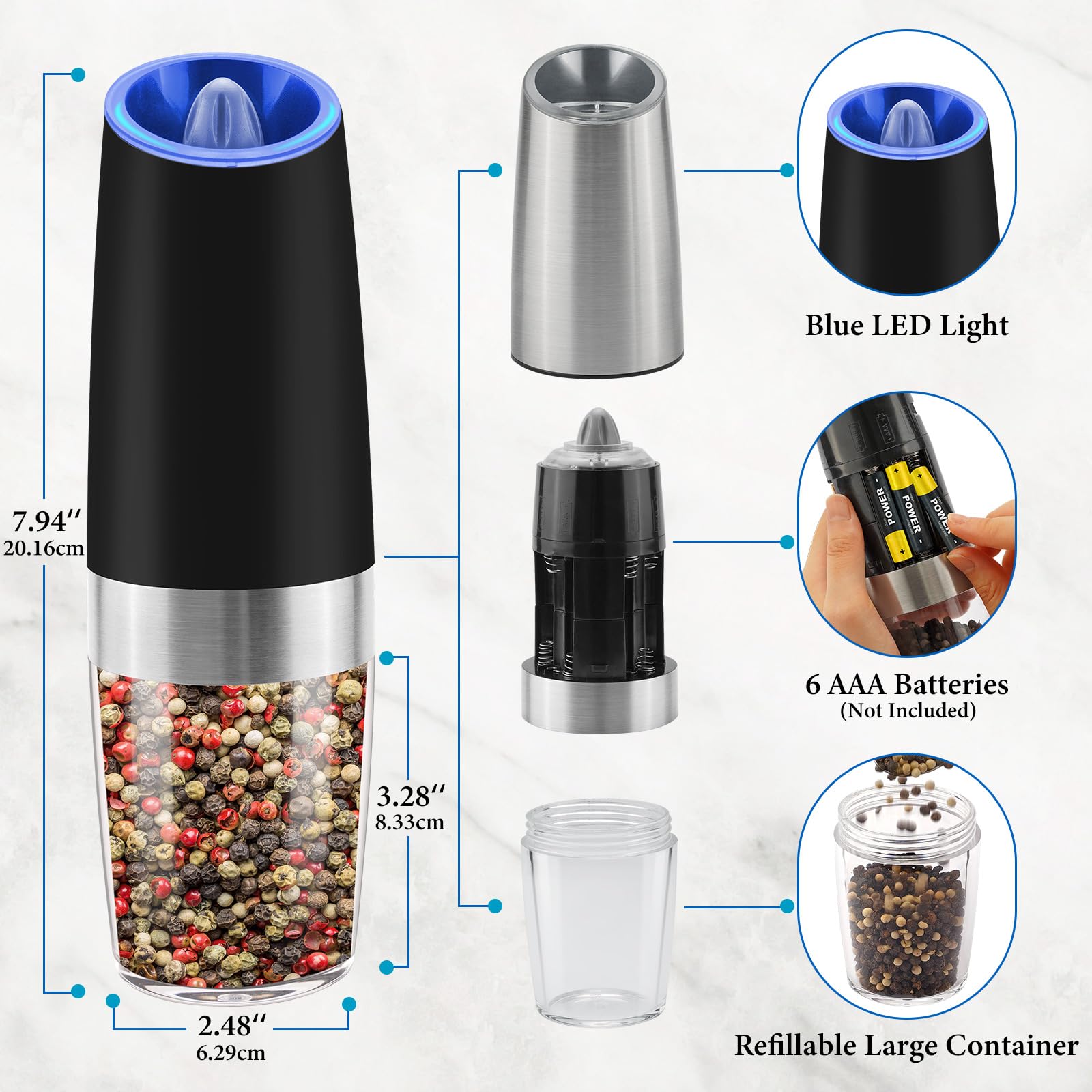 Gravity Electric Salt And Pepper Grinder Set, Battery Powered Led Light One Hand Automatic Operation, Adjustable Coarseness Mill