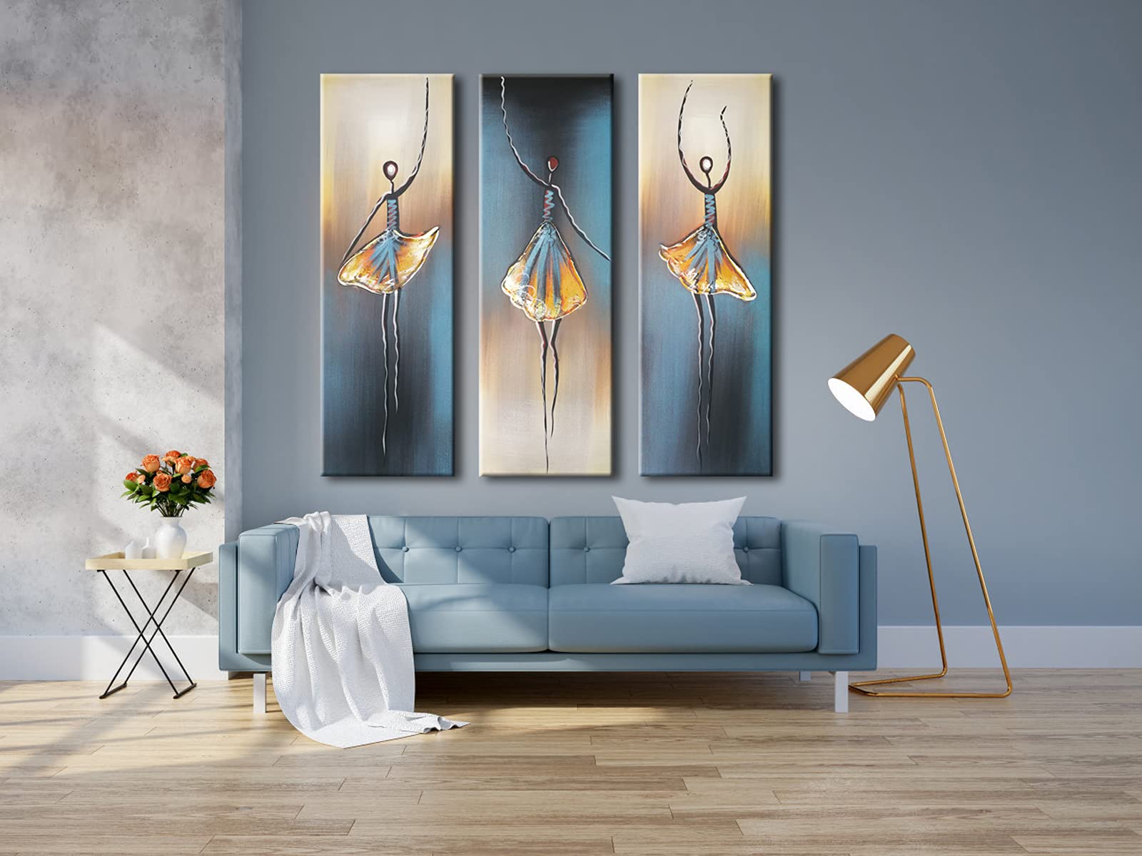Wieco Art 3 Piece Dancing Ballerina Canvas Oil Paintings Wall Art Decor Large 100% Hand Painted Modern Gallery Wrapped Grey Ball