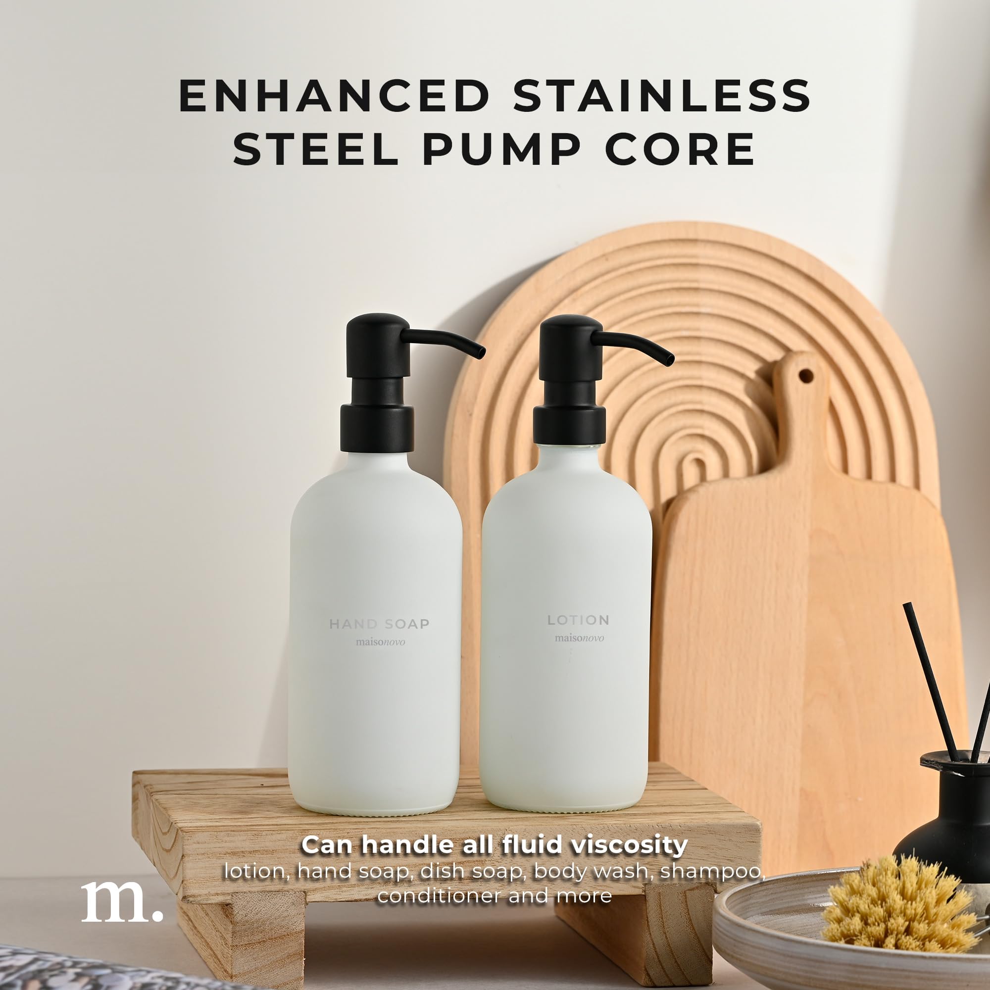 Maisonovo Bathroom Soap And Lotion Dispenser Set | 16.9 Fl Oz White Glass Black Pumps X 2