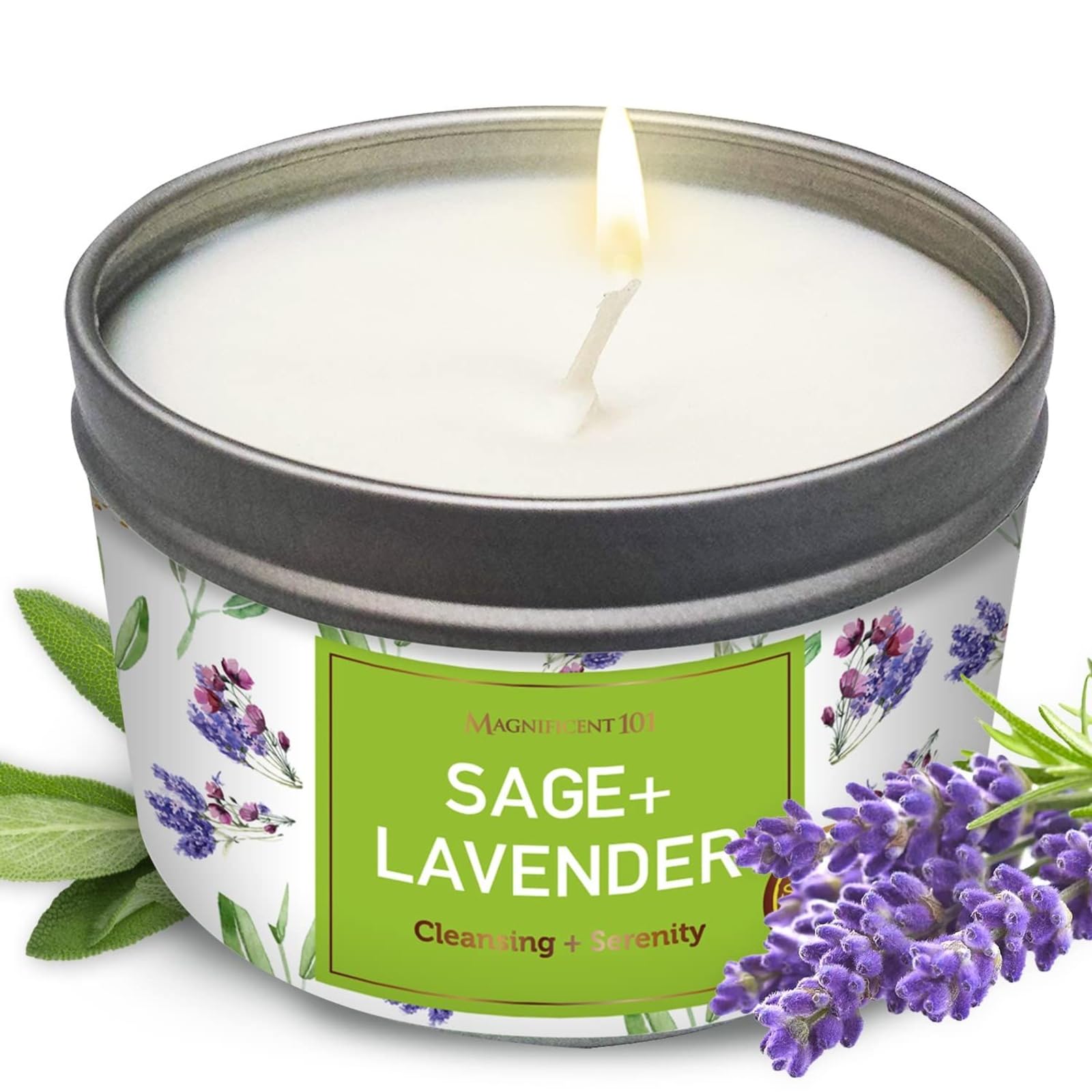 MAGNIFICENT 101 Sage & Lavender Aromatherapy Smudge Candle - 6 Oz - 35-Hour Burn Soy Wax - Energy Cleansing & Manifestation - Sp