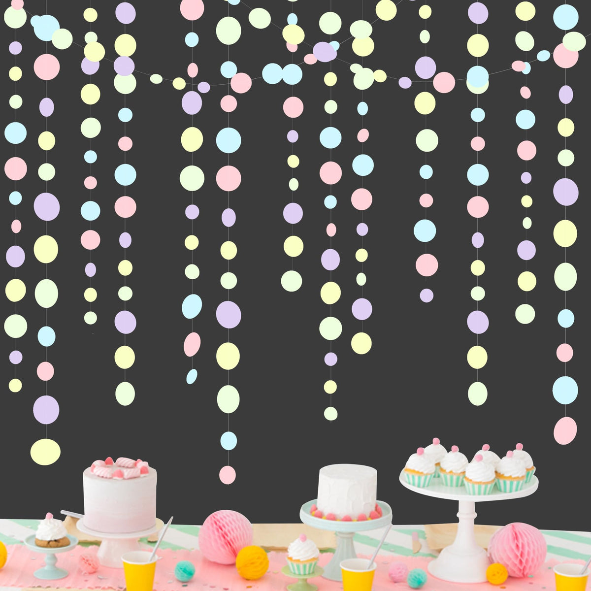 Pastel Party Decorations Blue Purple Pink Yellow Green Circle Dots Garland Hanging Paper Polka Dot Streamer For Birthday Baby Sh
