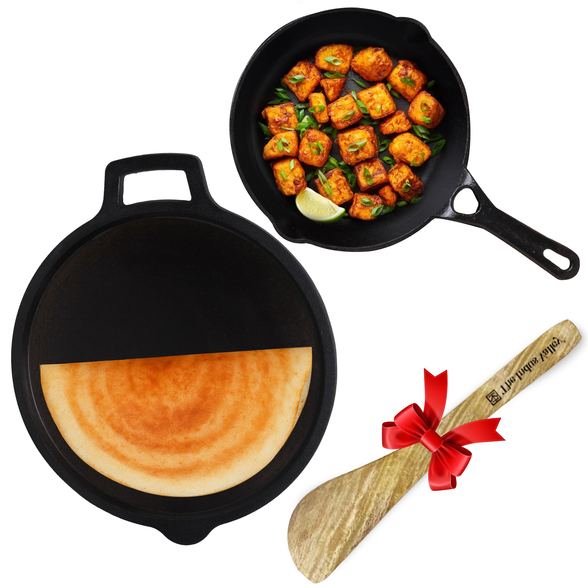 The Indus Valley Pre-Seasoned Cast Iron Cookware Set + Free Wooden Spatula | Tawa (27.5 Cm) + Skillet (24.6 Cm) | Kitchen Cookin